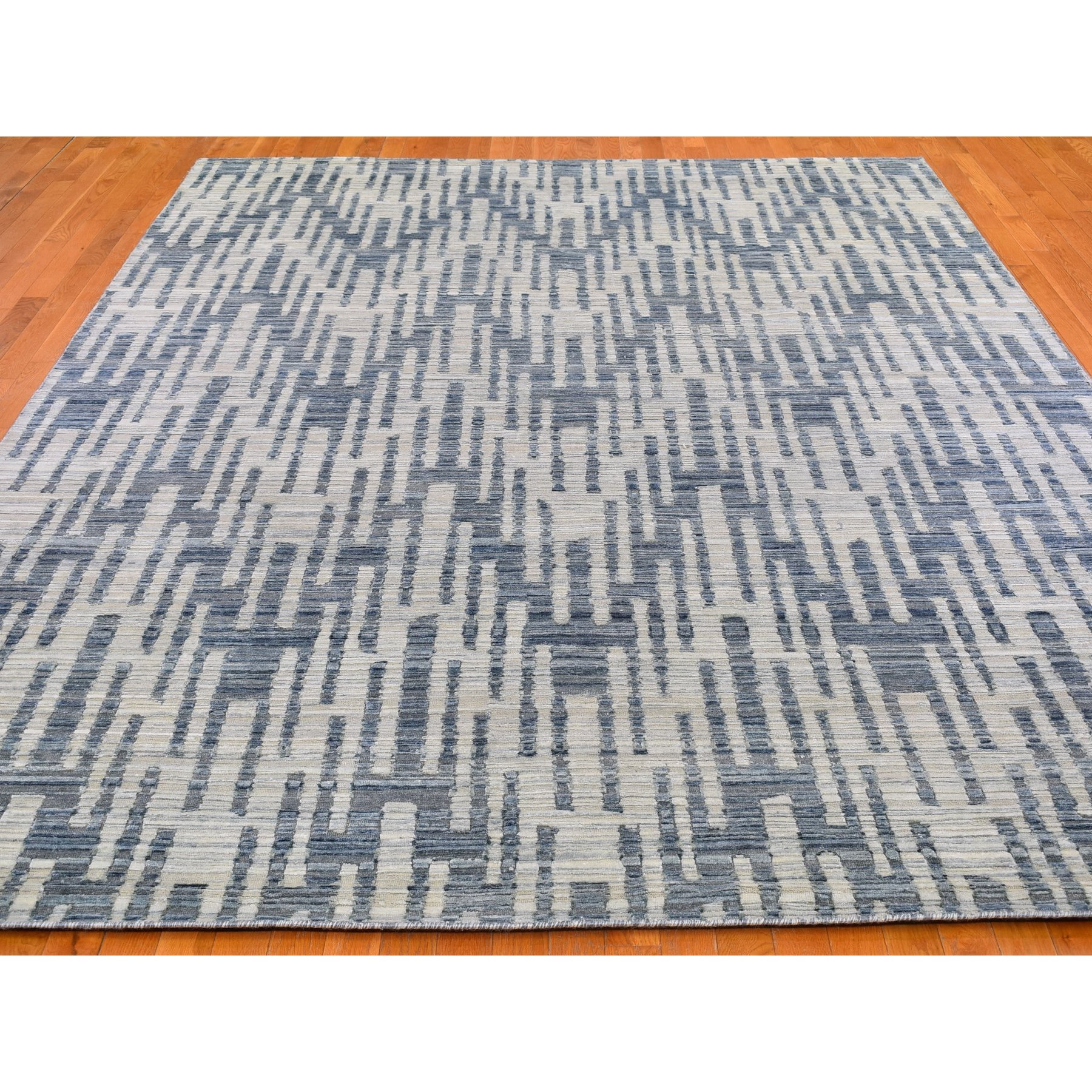 9'x12'2" Blue Pure Silk and Textured Wool Zigzag with Graph Design Hand Knotted Oriental Rug Sh66471
