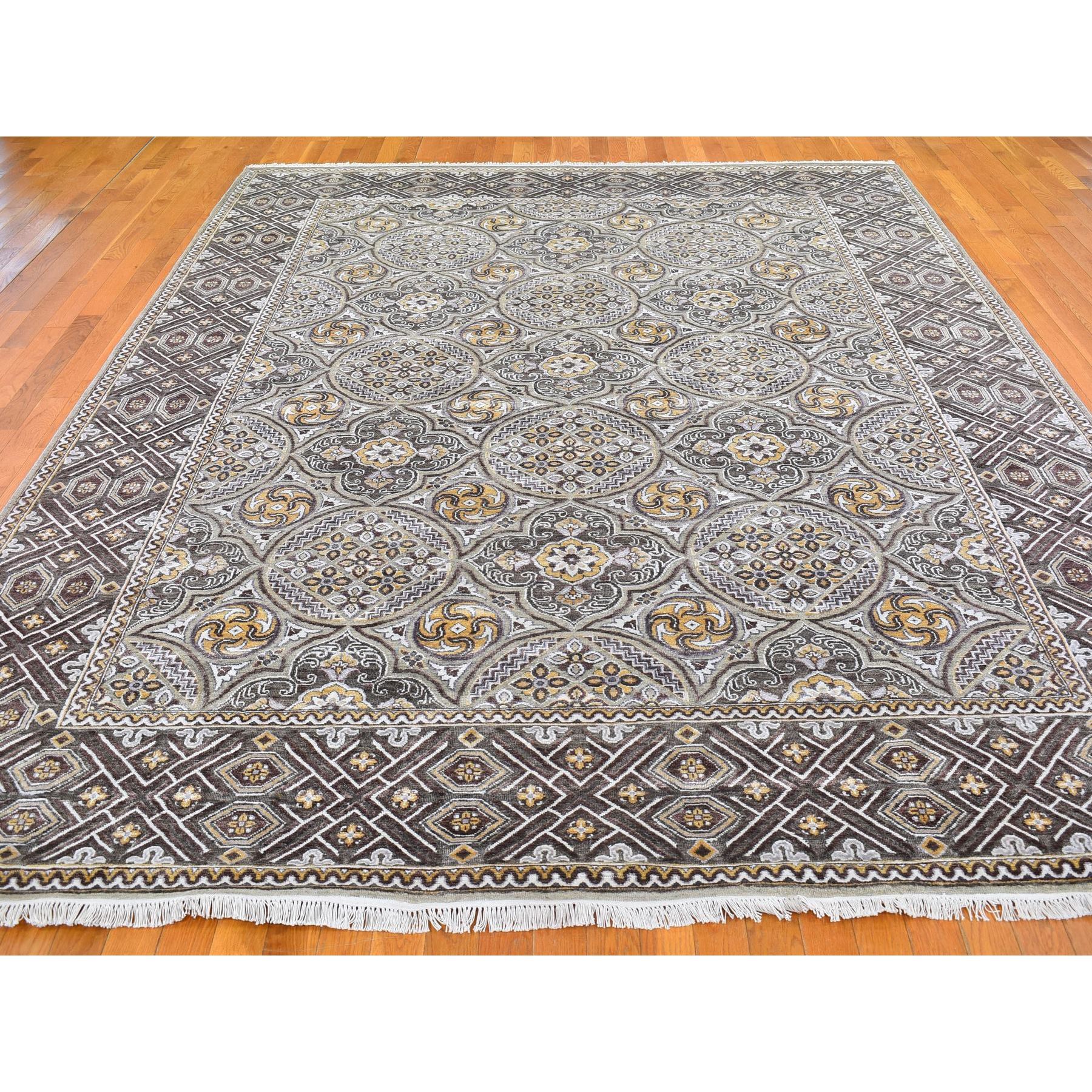 9'1"x12' Textured Wool and Silk Mughal Inspired Medallions Design Hand Knotted Brown Oriental Rug Sh66476