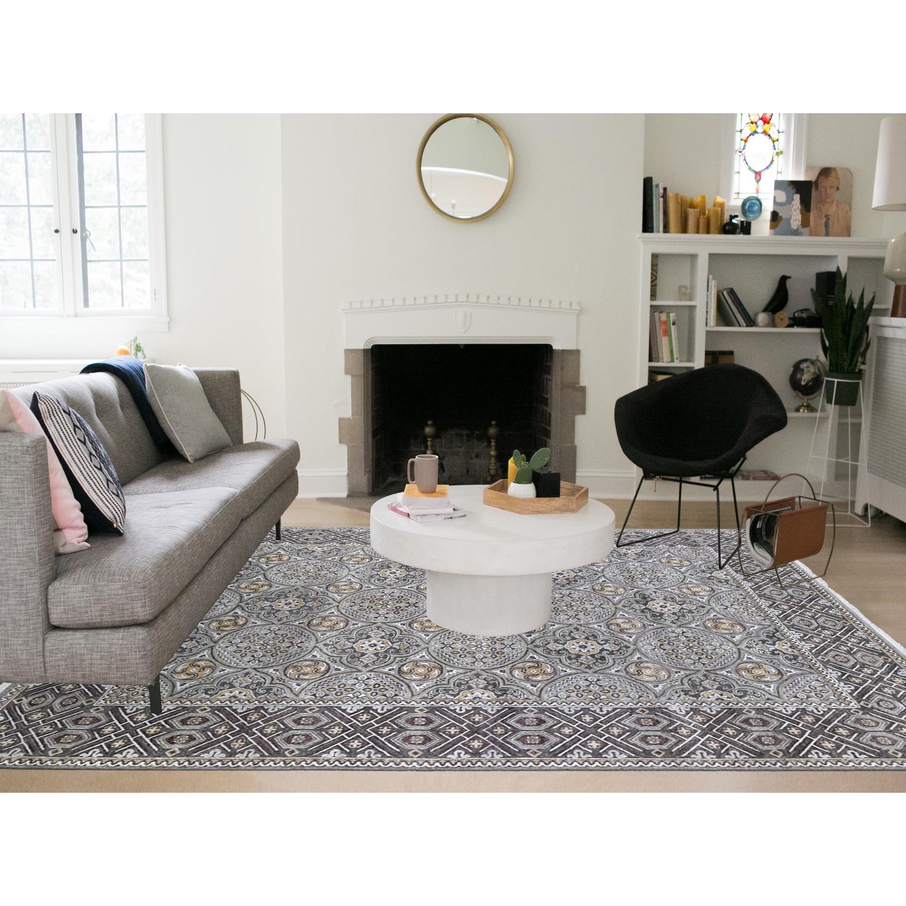 9'x12'2" Textured Wool and Silk Mughal Inspired Medallions Design Hand Knotted Brown Oriental Rug Sh66479