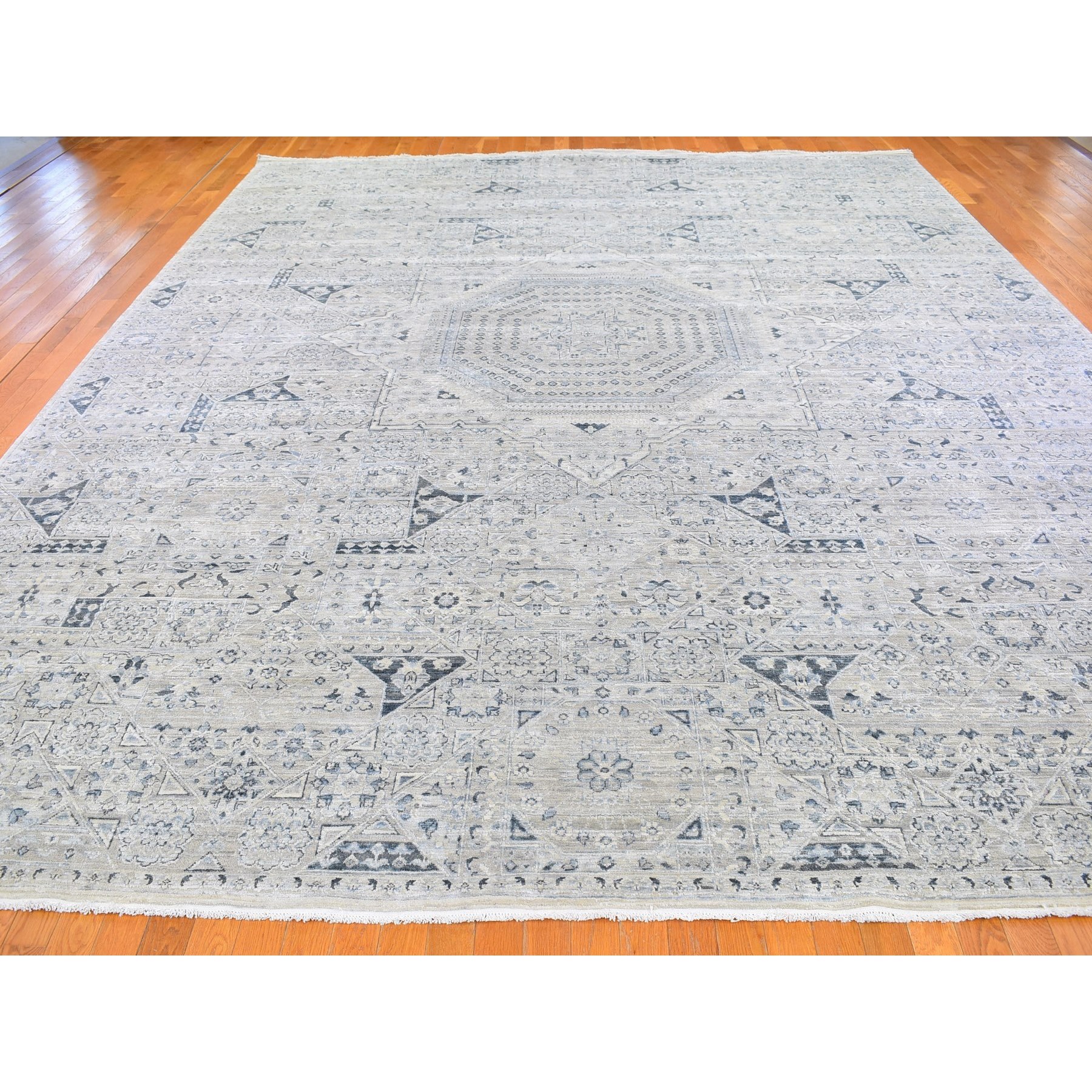 12'x15'2" Pure Silk with Textured Wool Blue-Gray Mamluk Design Hand Knotted Oriental Rug Sh66480