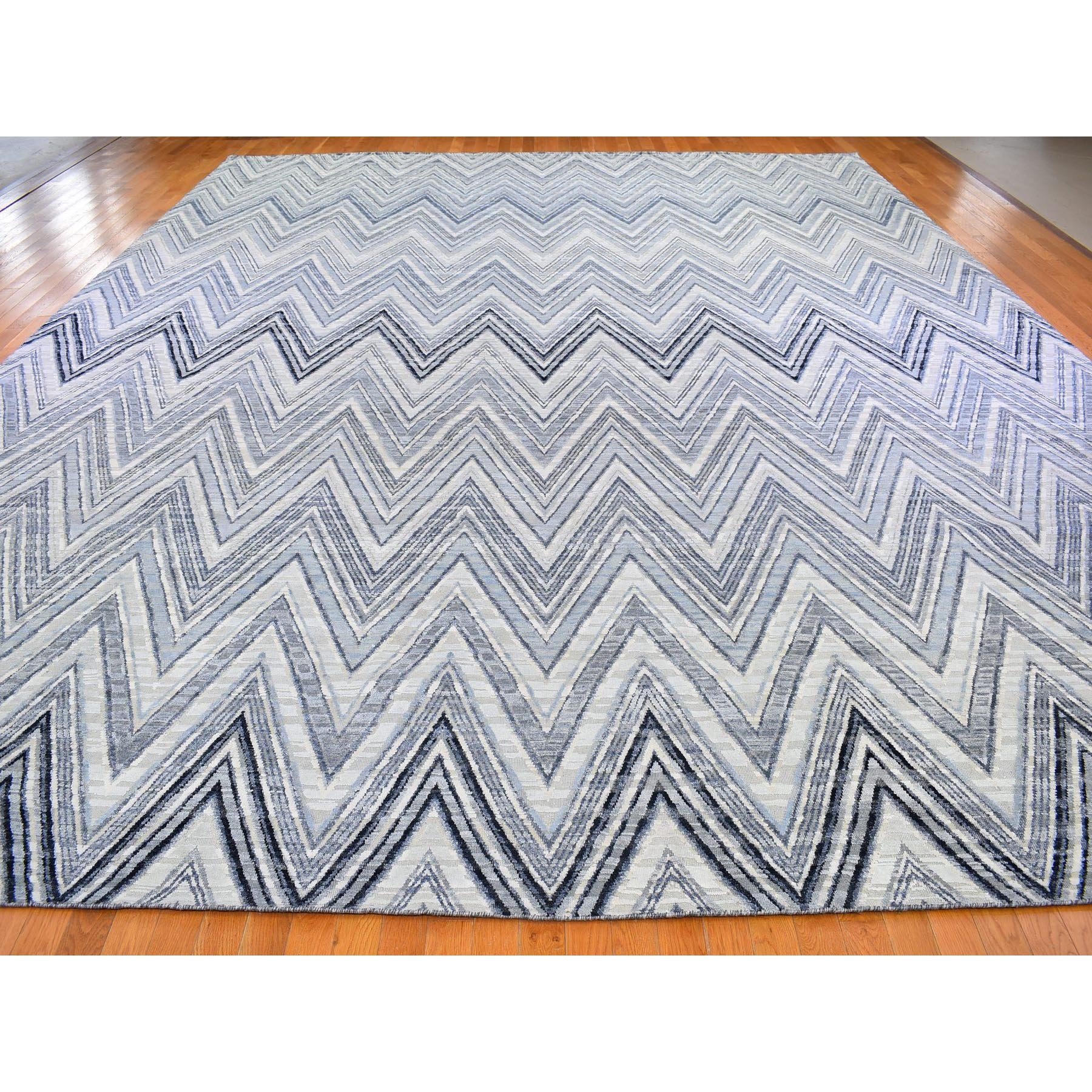 14'1"x18'1" Oversized Gray-Blue Chevron Design Textured Wool and Pure Silk Hand Knotted Oriental Rug Sh66488