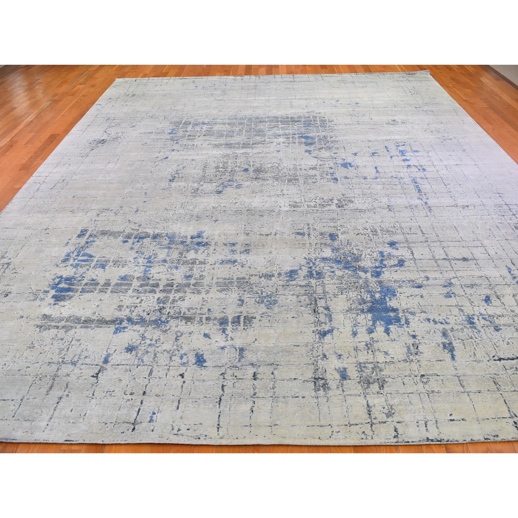 12'x15'1" Gray-Blue Pure Silk with Textured Wool Avant-Garde Design Extra Large Hand Knotted Oriental Rug Sh66489