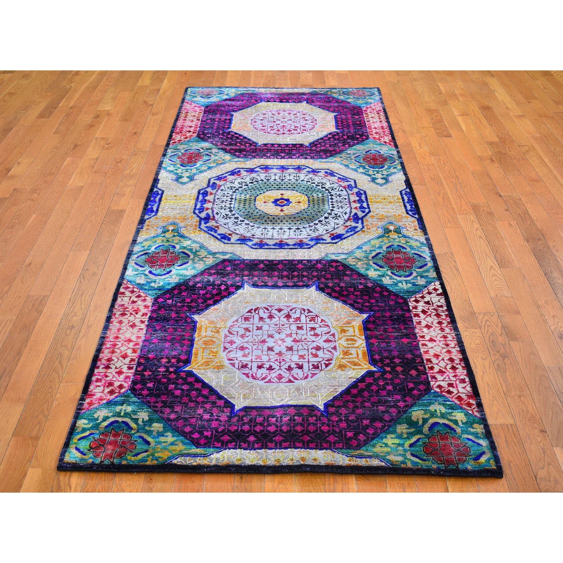 4'1"x10'4" Colorful Sari Silk with Textured Wool Mamluk Design Hand Knotted Oriental Rug Sh66494