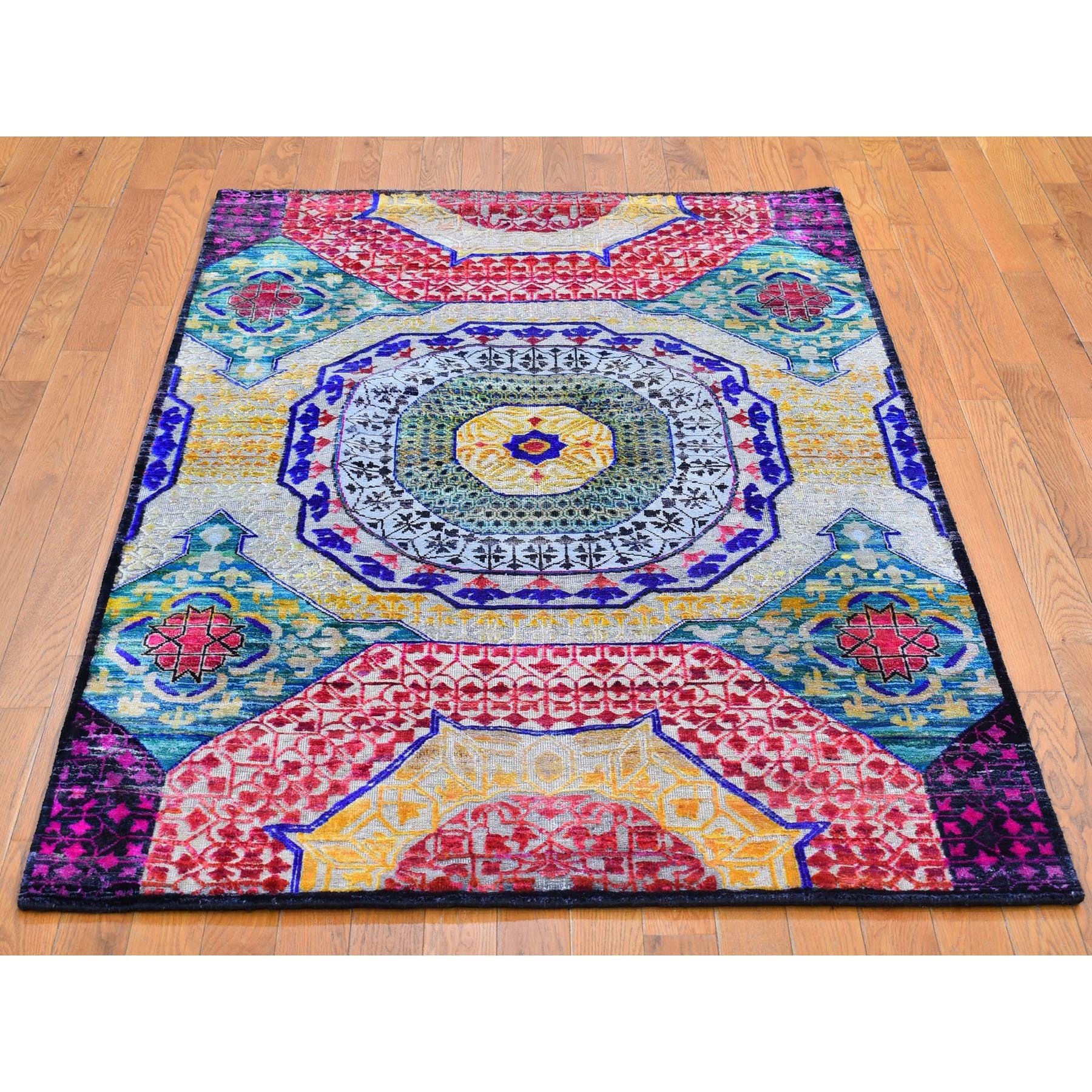 4'x6'2" Sari Silk with Textured Wool Mamluk Design Colorful Hand Knotted Oriental Rug Sh66495