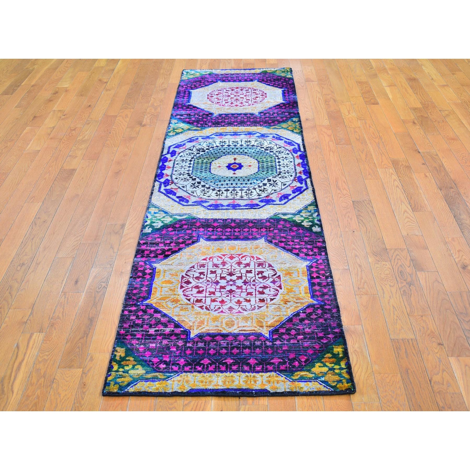 2'6"x10'4" Colorful Sari Silk with Textured Wool Mamluk Design Hand Knotted Runner Oriental Rug Sh66496
