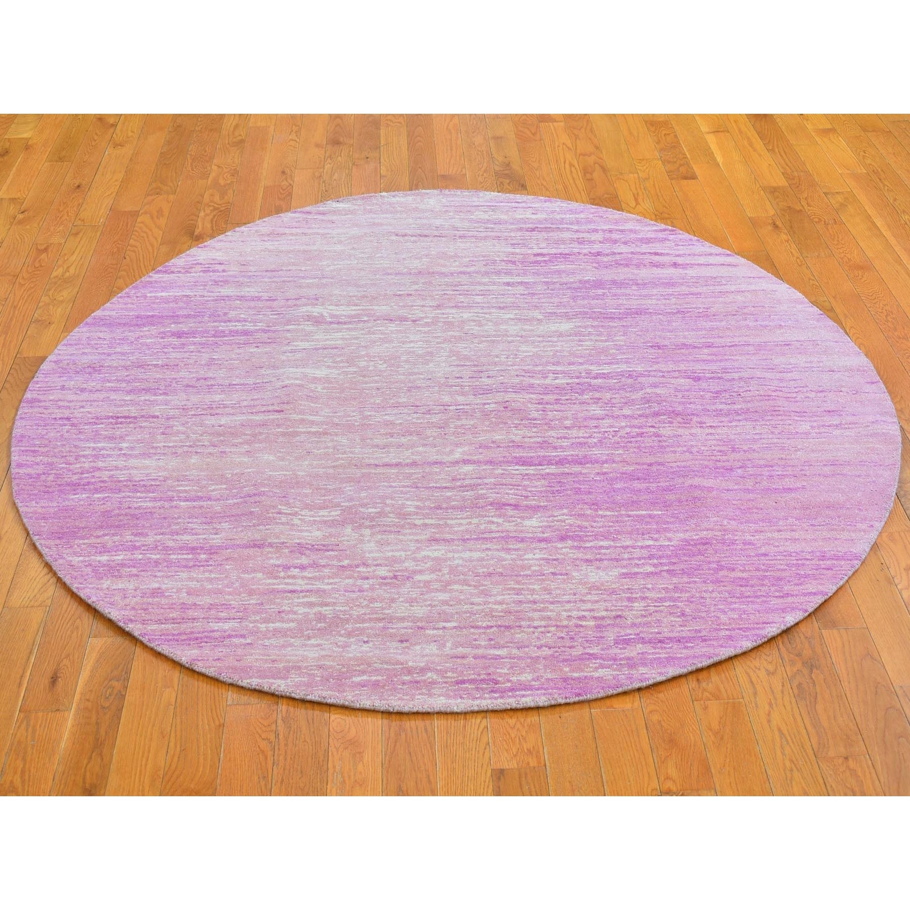6'x6' Pink Pure Wool Horizontal Ombre Design Thick and Plush Hand Knotted Round Oriental Rug Sh66499