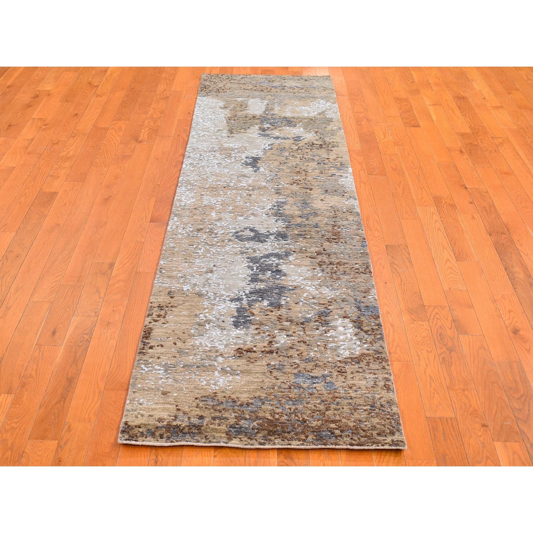 2'6"x10' Brown Abstract Design Wool and Silk Hi-Low Pile Denser Weave Hand Knotted Runner Oriental Rug Sh66504