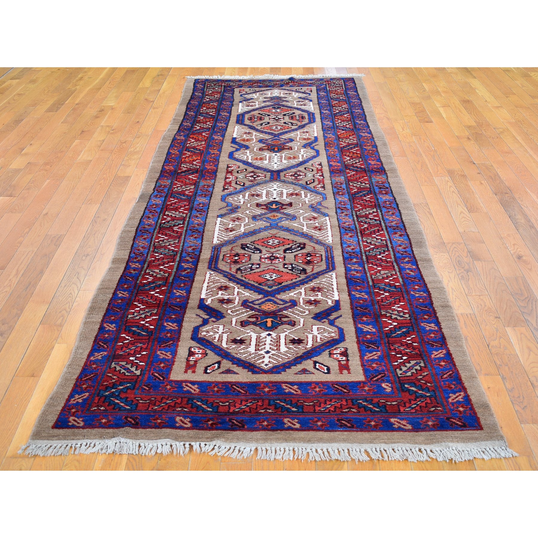4'1"x12'8" Brown Antique Persian Serab Camel Hair Galley Wide Runner Geometric Patter Natural Wool Hand Knotted Oriental Rug Sh66597