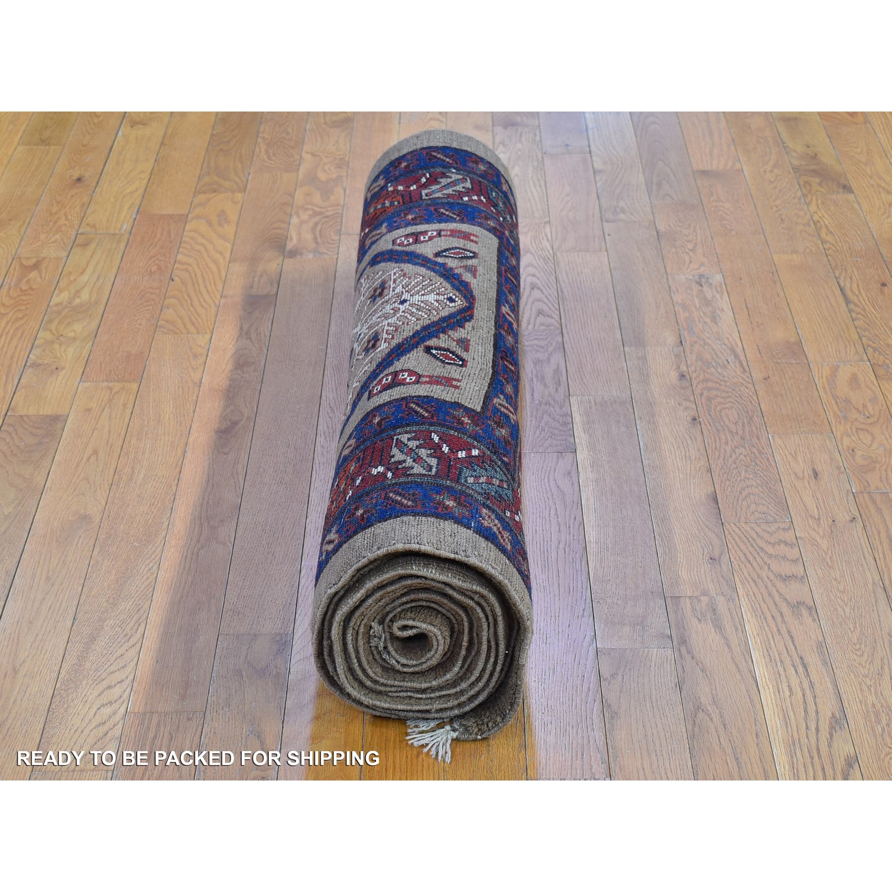 4'1"x12'8" Brown Antique Persian Serab Camel Hair Galley Wide Runner Geometric Patter Natural Wool Hand Knotted Oriental Rug Sh66597