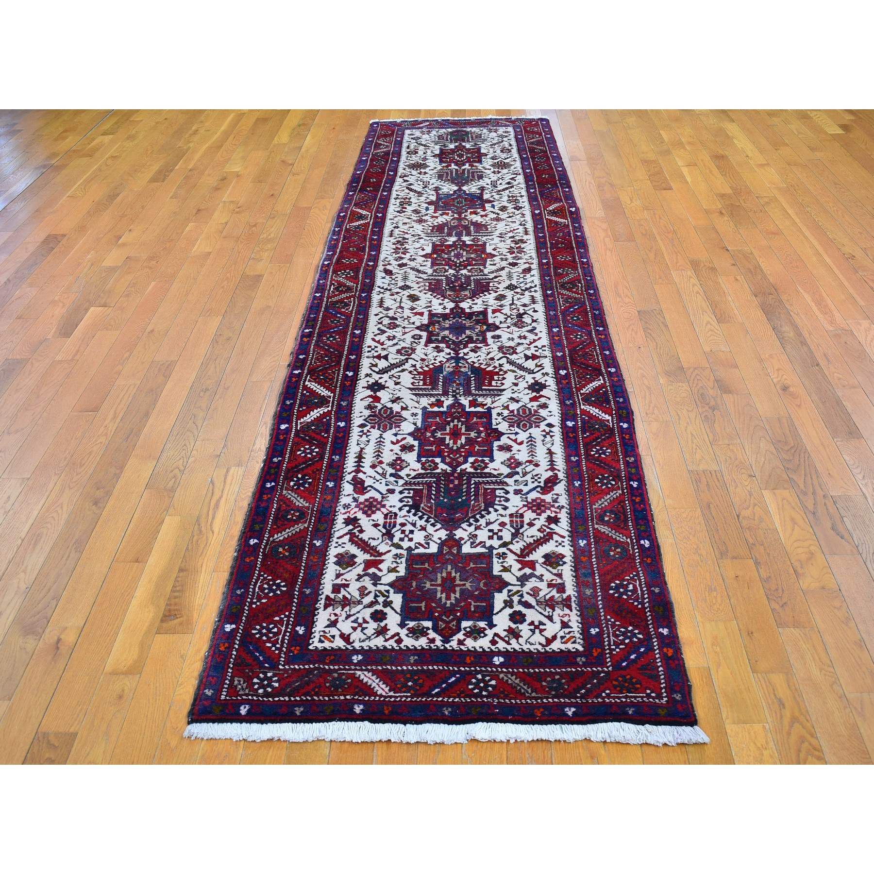 3'4"x13'8" Vintage Persian Karajeh Full Pile Excellent Condition Ivory Natural Wool Hand Knotted Runner Oriental Rug Sh66602