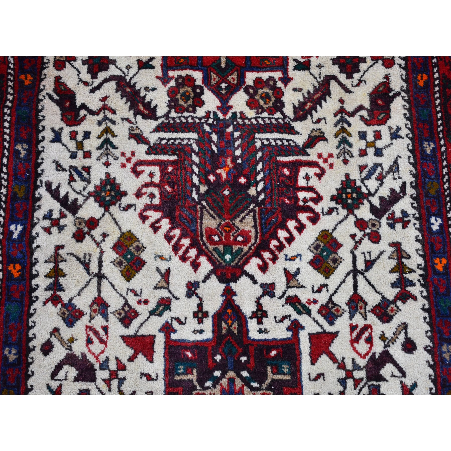 3'4"x13'8" Vintage Persian Karajeh Full Pile Excellent Condition Ivory Natural Wool Hand Knotted Runner Oriental Rug Sh66602