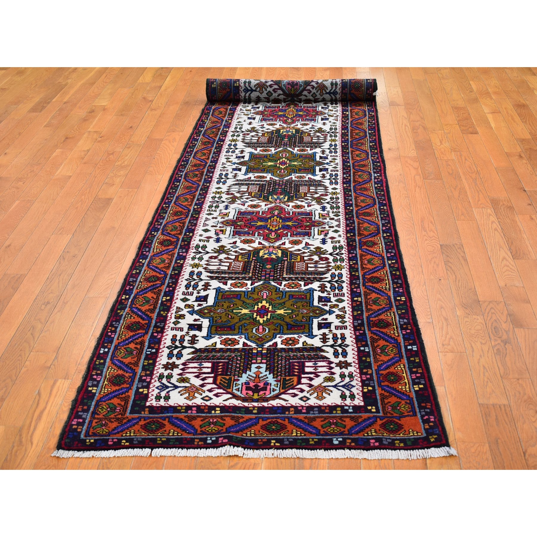 3'3"x12'2" Green Medallions with Burnt Orange Border Vintage Persian Karajeh Excellent Condition Pure Wool Hand Knotted Runner Oriental Rug Sh66645