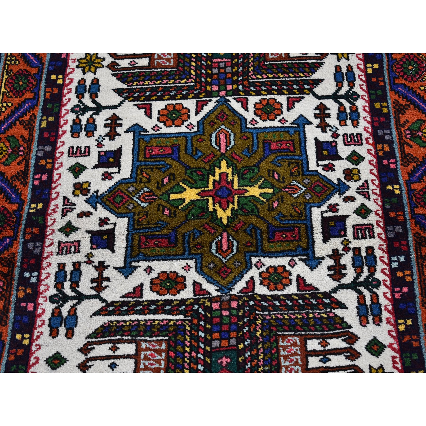 3'3"x12'2" Green Medallions with Burnt Orange Border Vintage Persian Karajeh Excellent Condition Pure Wool Hand Knotted Runner Oriental Rug Sh66645