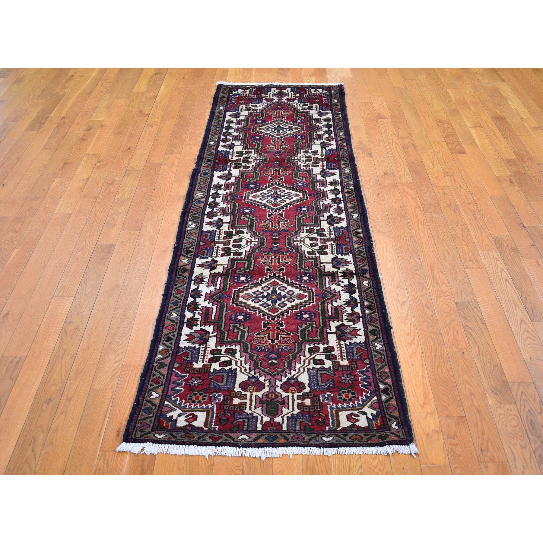 2'8"x9'3" Vintage Persian Bakhtiar with Triple Medallion Design Cherry Red Natural Wool Clean Hand Knotted Oriental Rug Sh66677