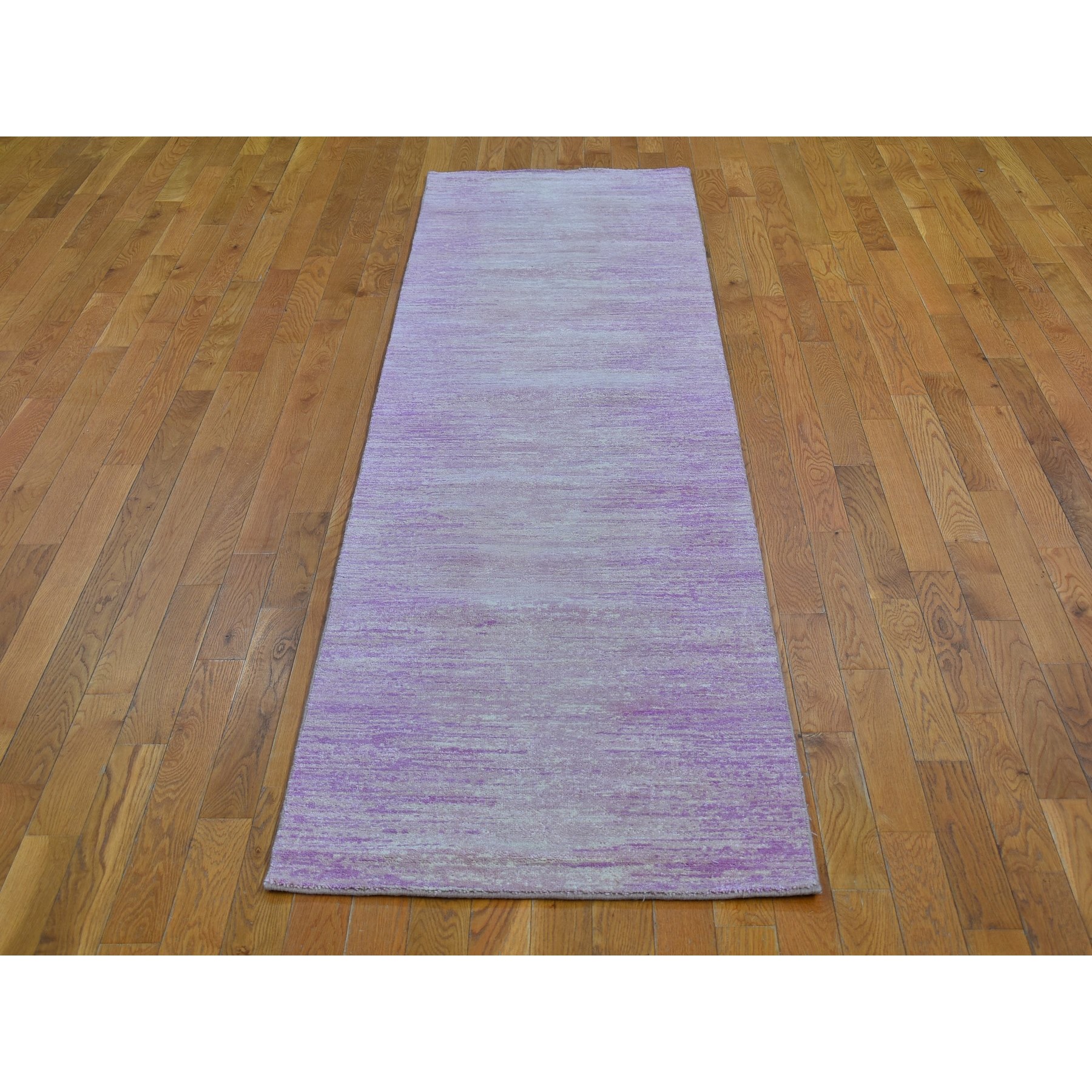 2'7"x10'3" Pink Thick and Plush Organic Wool Only Horizontal Ombre Design Hand Knotted Wide Runner Oriental Rug Sh66754