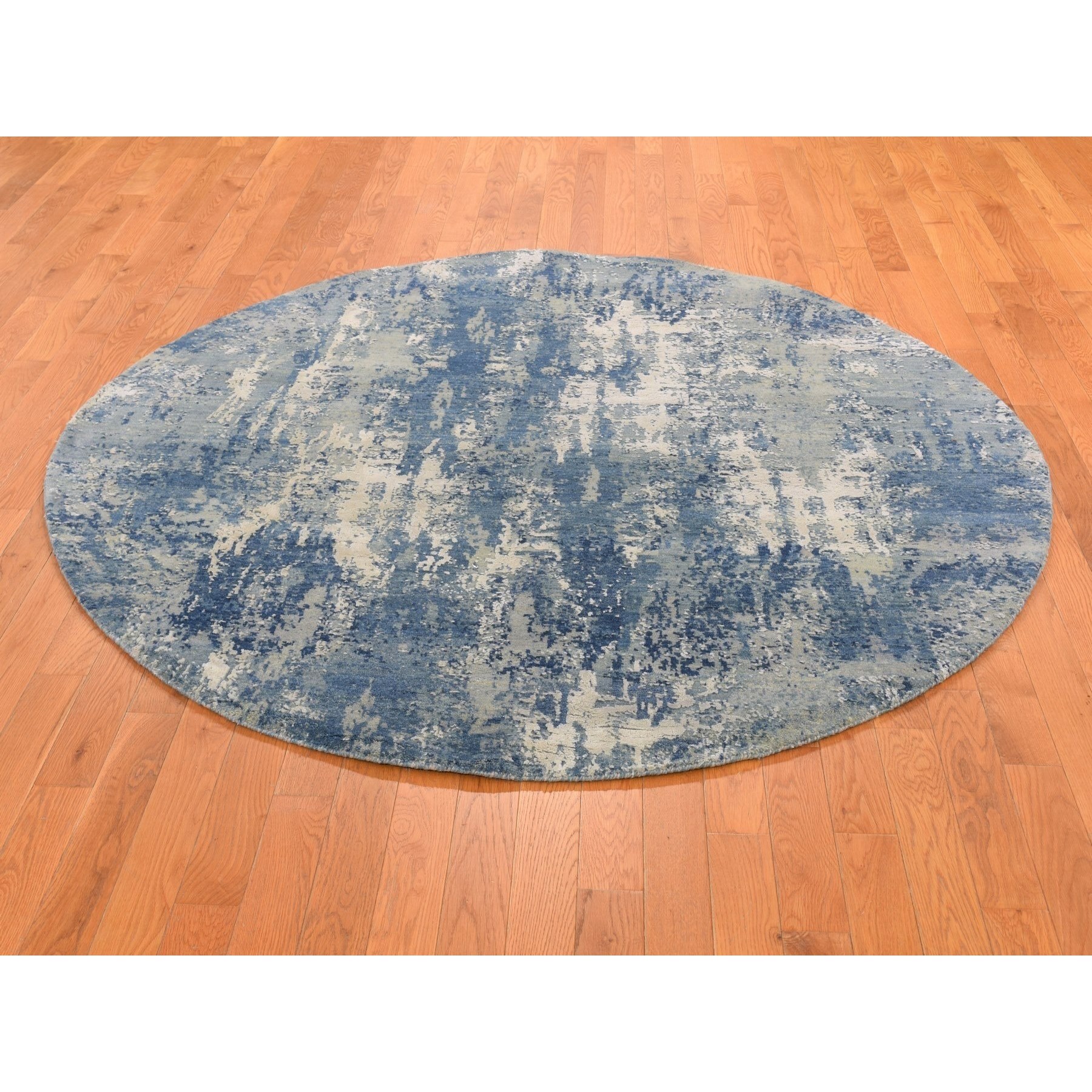 6'2"x6'2" Round Abstract Design Wool and Pure Silk Blue Hand Knotted Denser Weave Oriental Rug Sh66755