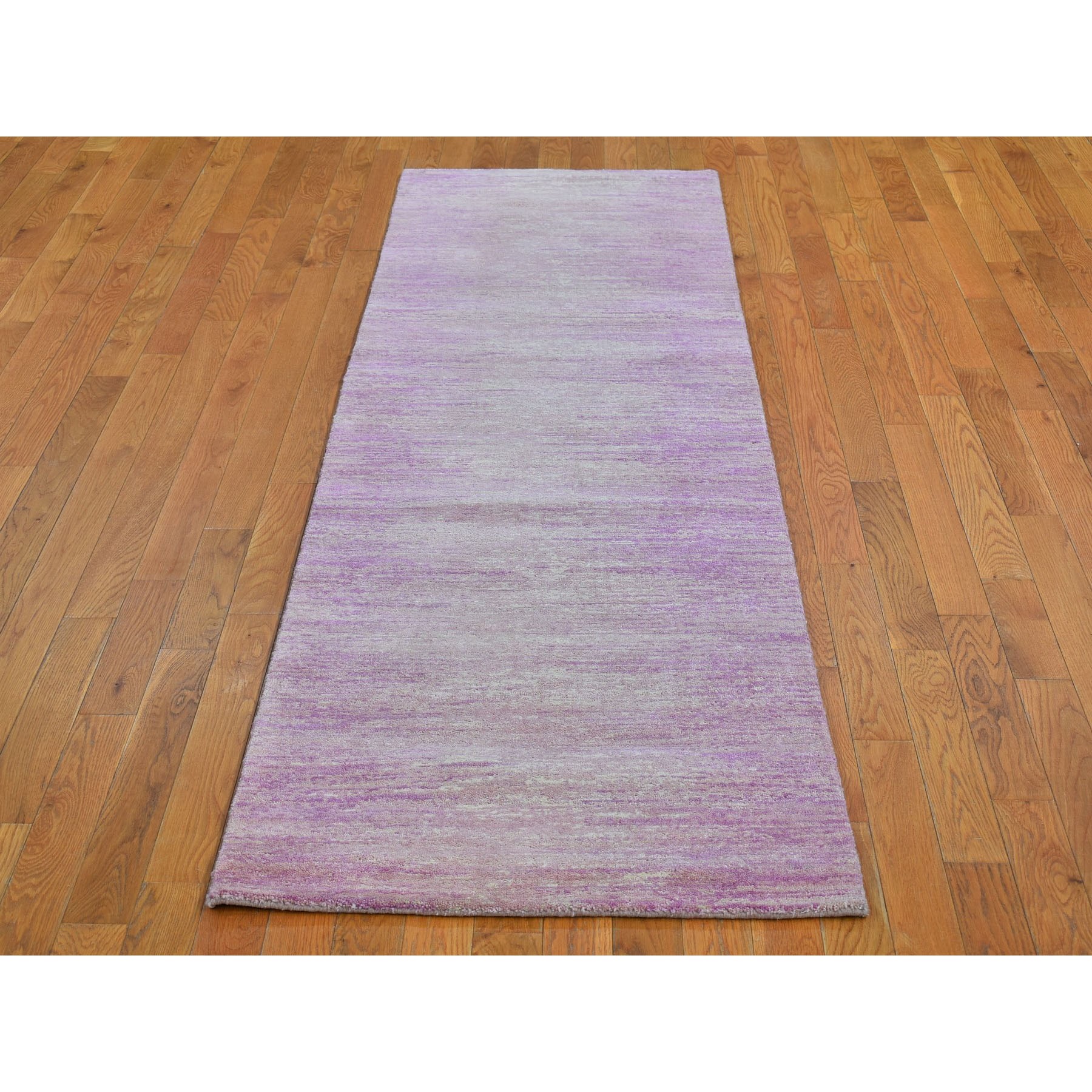 2'7"x8'5" Pink Thick and Plush Organic Wool Only Horizontal Ombre Design Hand Knotted Runner Oriental Rug Sh66760