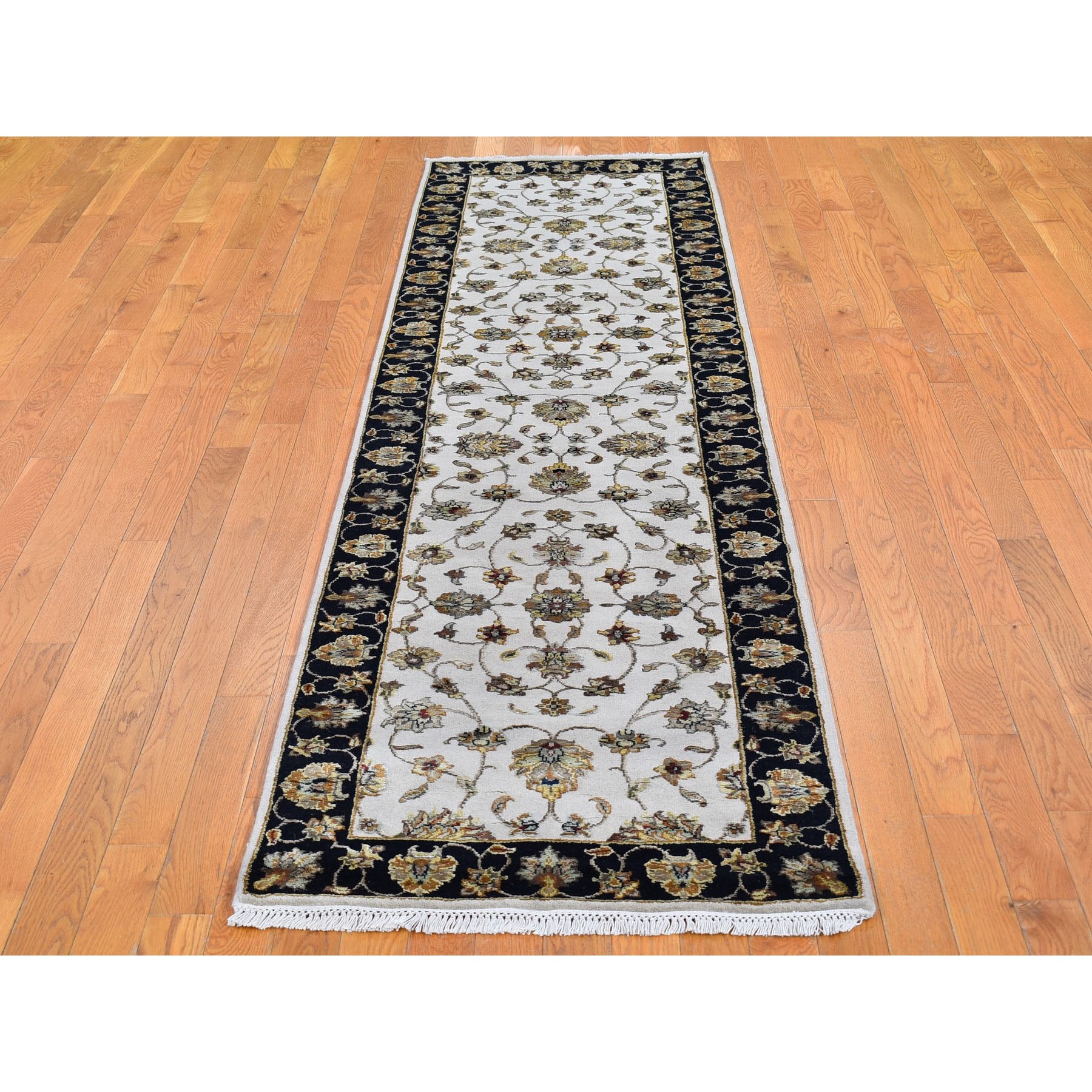 2'7"x9'10" Ivory Rajasthan Half Wool and Half Silk Floral Design Thick and Plush Hand Knotted Runner Oriental Rug Sh66768