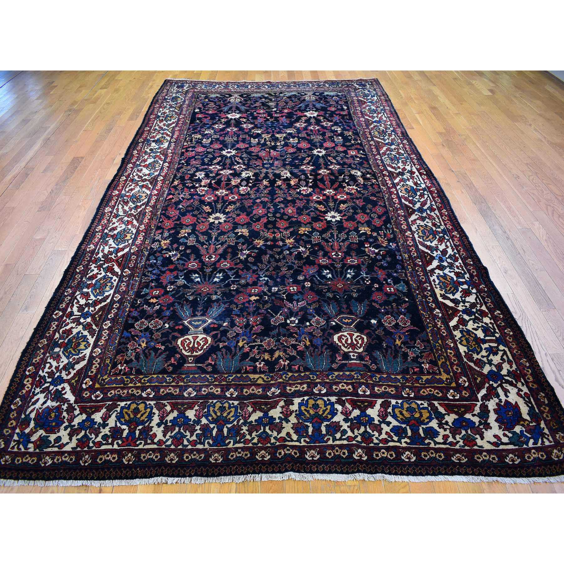 7'2"x13'1" Midnight Blue Antique Persian Bakhtiar Good Condition Longer Shape Vase and Flower All Over Design Hand Knotted Pure Wool Clean Oriental Rug Sh66809