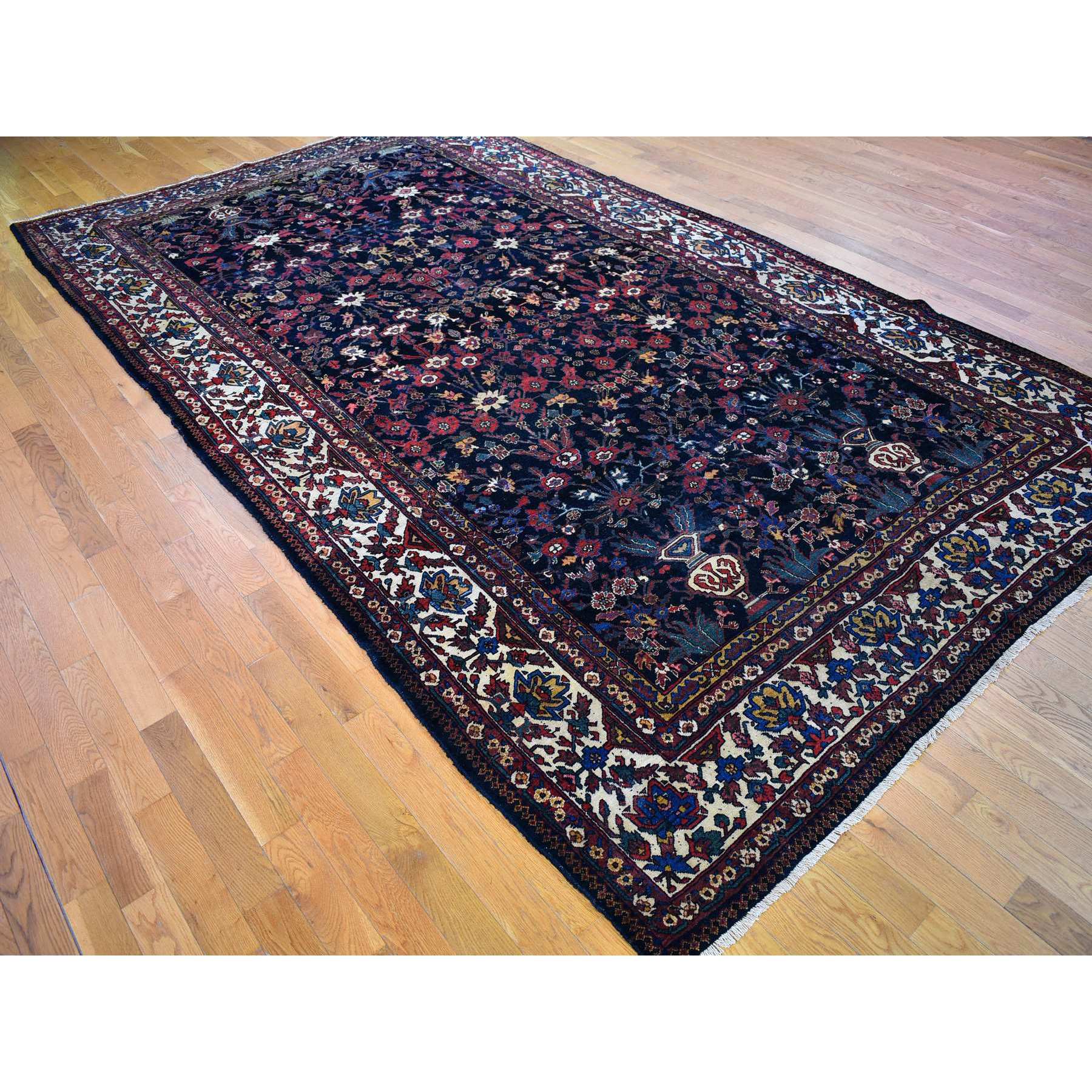 7'2"x13'1" Midnight Blue Antique Persian Bakhtiar Good Condition Longer Shape Vase and Flower All Over Design Hand Knotted Pure Wool Clean Oriental Rug Sh66809