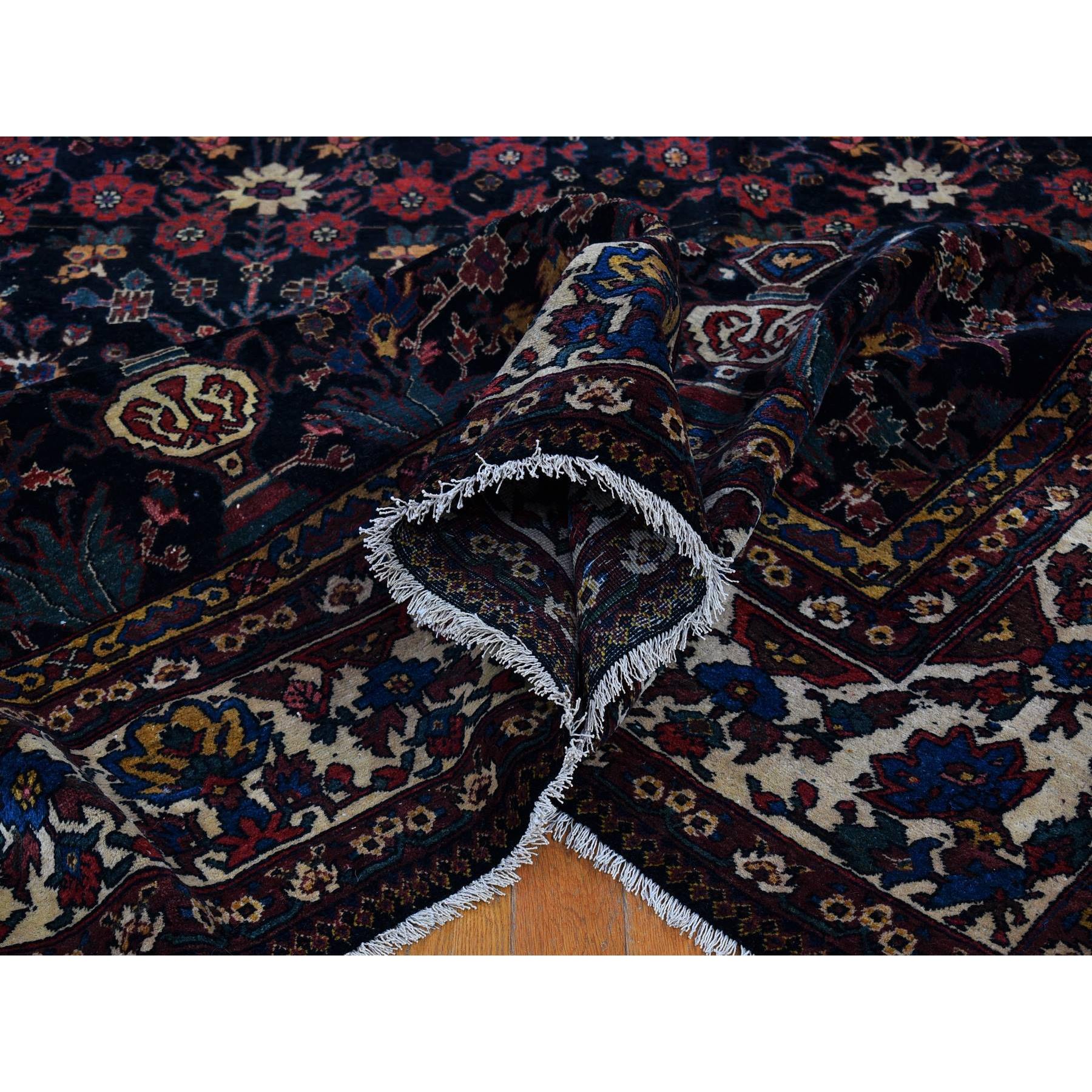 7'2"x13'1" Midnight Blue Antique Persian Bakhtiar Good Condition Longer Shape Vase and Flower All Over Design Hand Knotted Pure Wool Clean Oriental Rug Sh66809