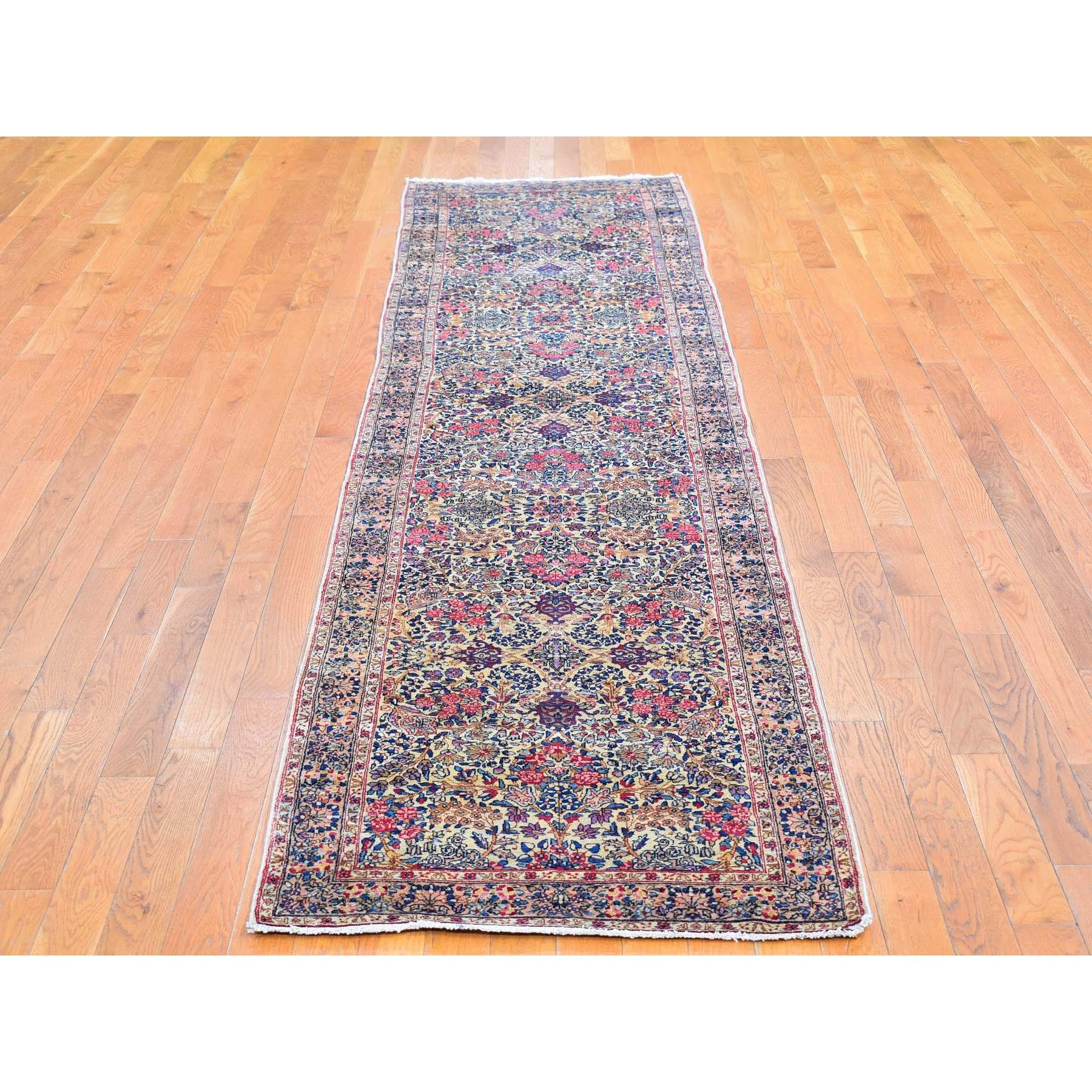 2'8"x11'6" Ivory Antique Persian Kerman Runner Good Condition Multicolor Flower and Vase Design Organic Wool Hand Knotted Oriental Rug Sh66840