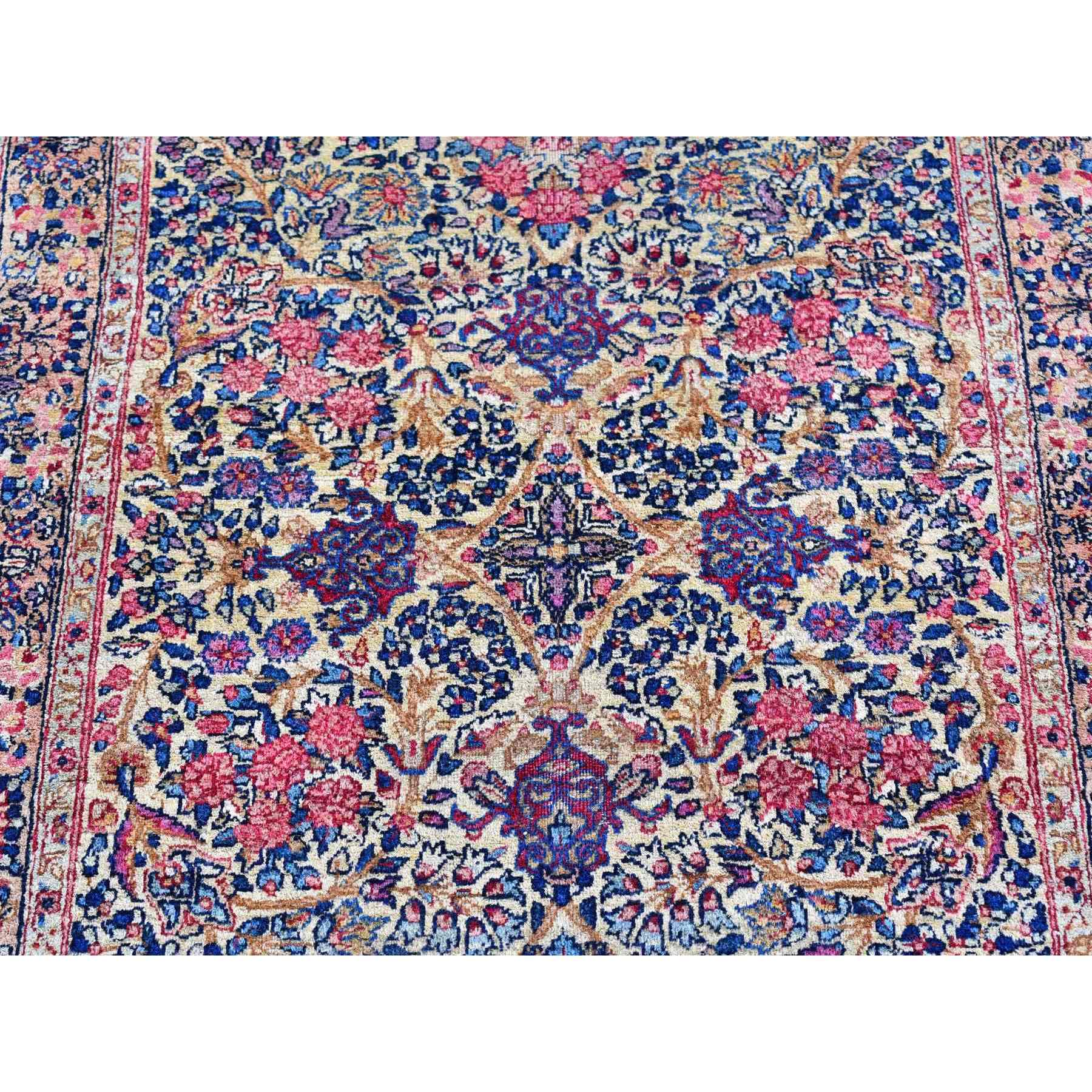 2'8"x11'6" Ivory Antique Persian Kerman Runner Good Condition Multicolor Flower and Vase Design Organic Wool Hand Knotted Oriental Rug Sh66840