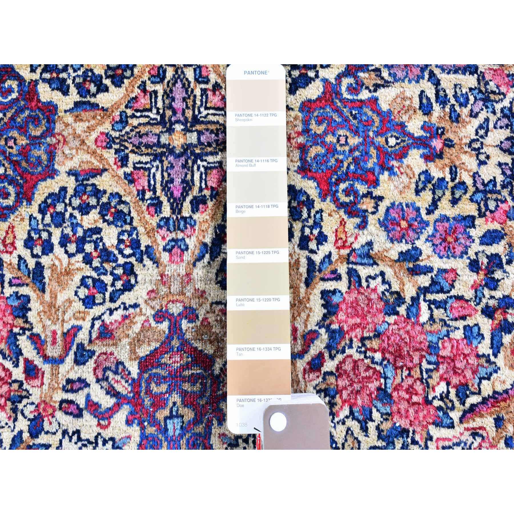 2'8"x11'6" Ivory Antique Persian Kerman Runner Good Condition Multicolor Flower and Vase Design Organic Wool Hand Knotted Oriental Rug Sh66840