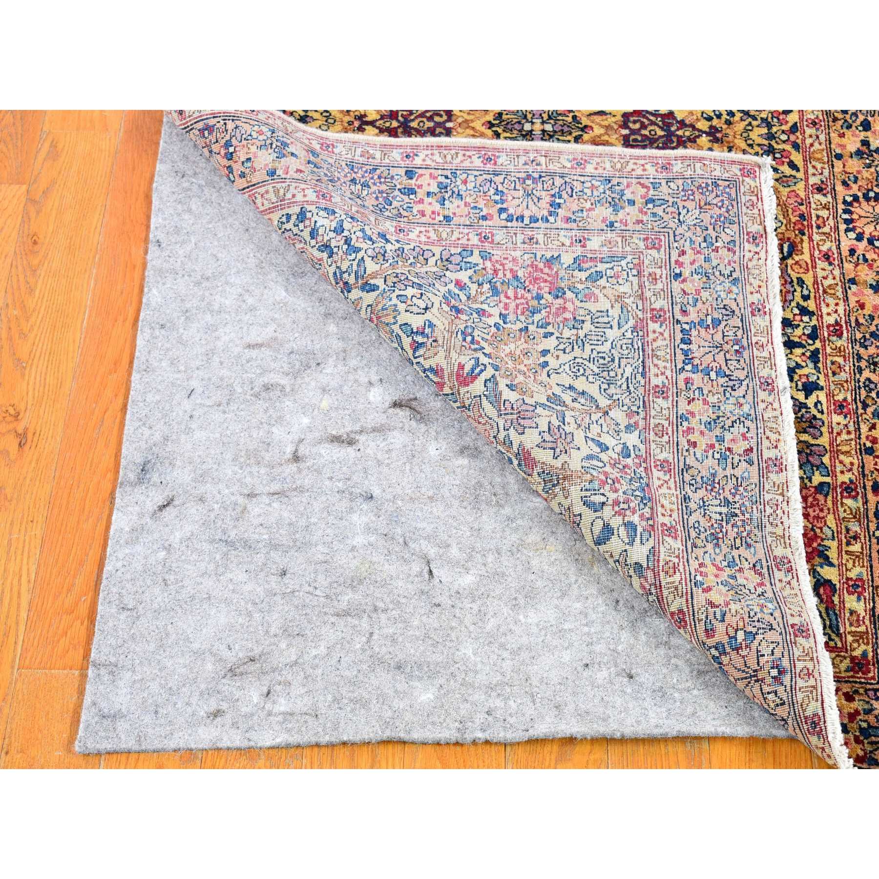 2'8"x11'6" Ivory Antique Persian Kerman Runner Good Condition Multicolor Flower and Vase Design Organic Wool Hand Knotted Oriental Rug Sh66840
