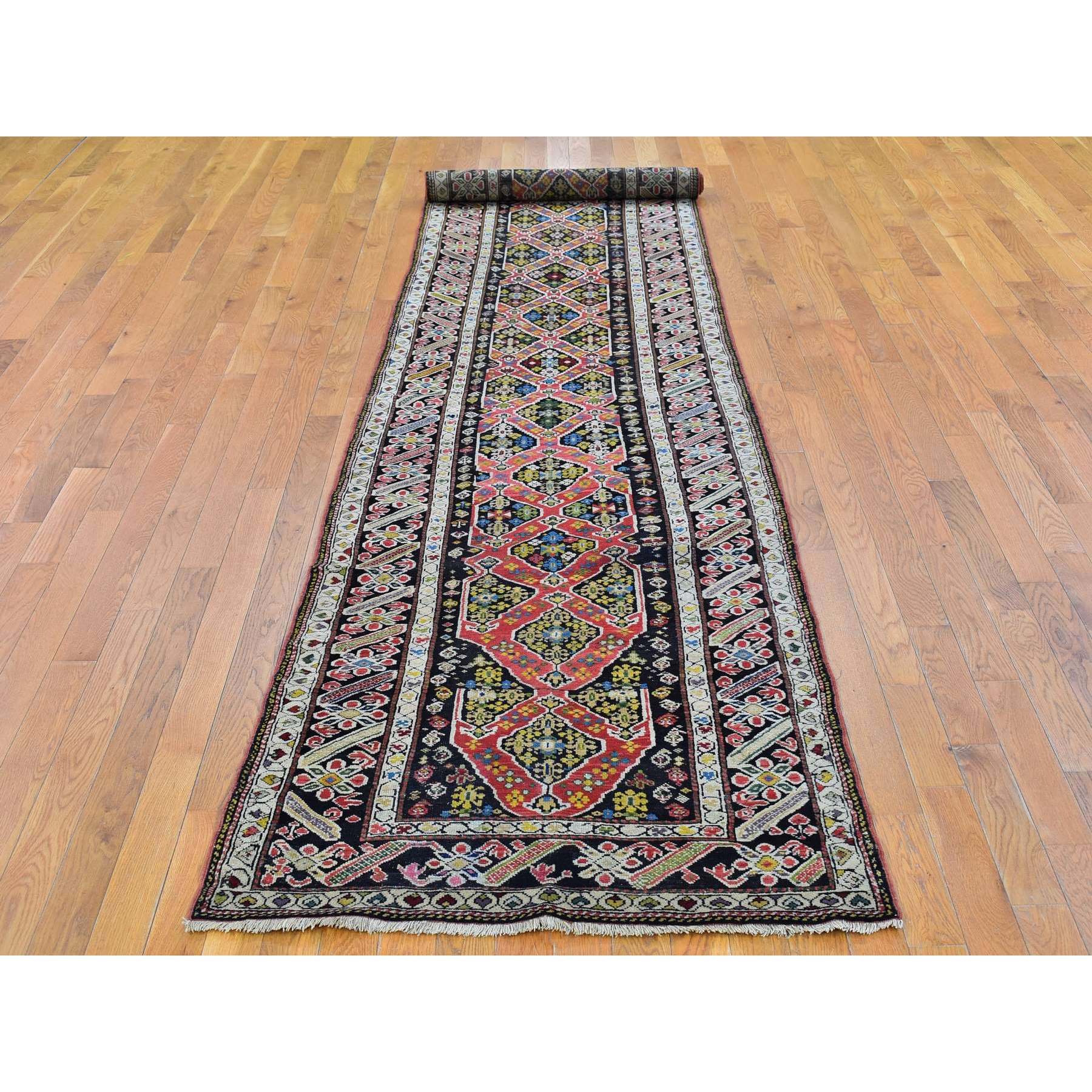 3'1"x14'3" Green Antique Caucasian Wide Runner High KPSI, Good Condition with Hand Knotted Chocolate Brown Pure Wool Oriental Rug Sh66842