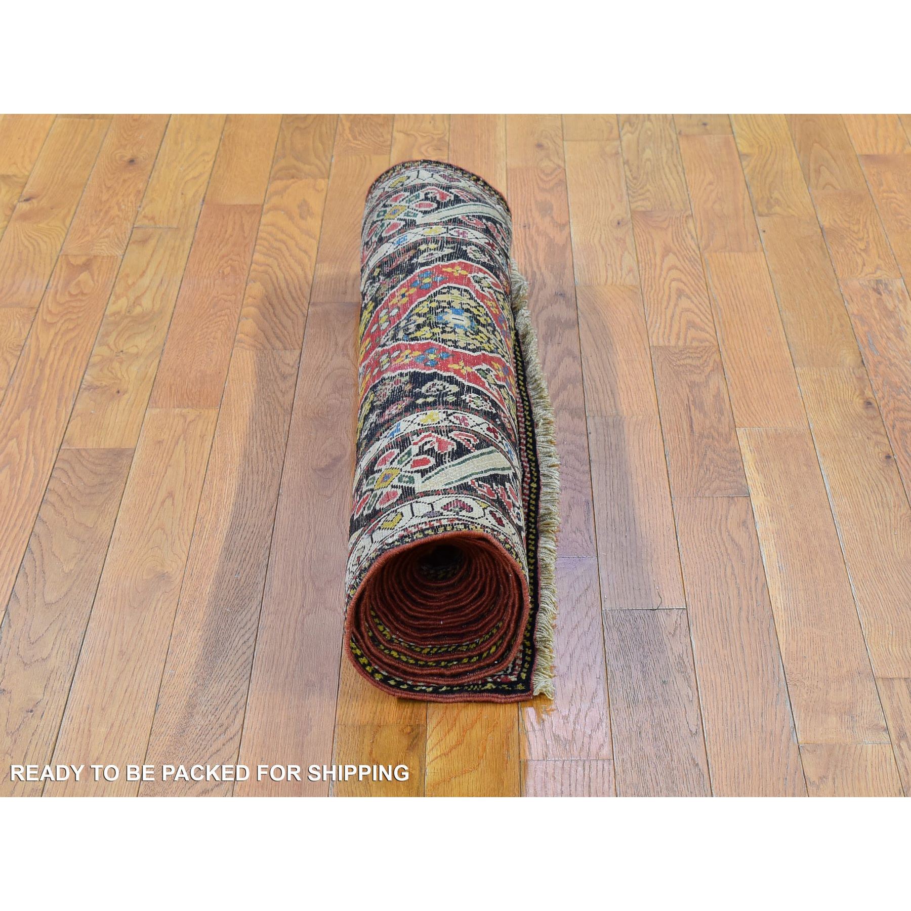 3'1"x14'3" Green Antique Caucasian Wide Runner High KPSI, Good Condition with Hand Knotted Chocolate Brown Pure Wool Oriental Rug Sh66842