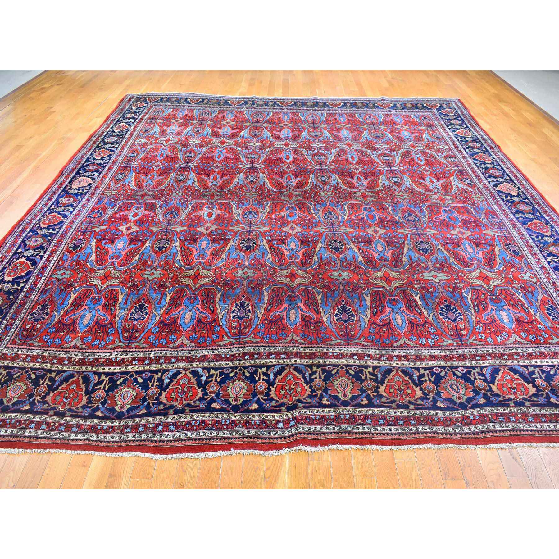 12'5"x13'9" Tomato Red Antique Persian Bijar XL Squarish Size All Over Garus Design Full Pile Clean and Soft Pure Wool Hand Knotted Oriental Rug Sh66865