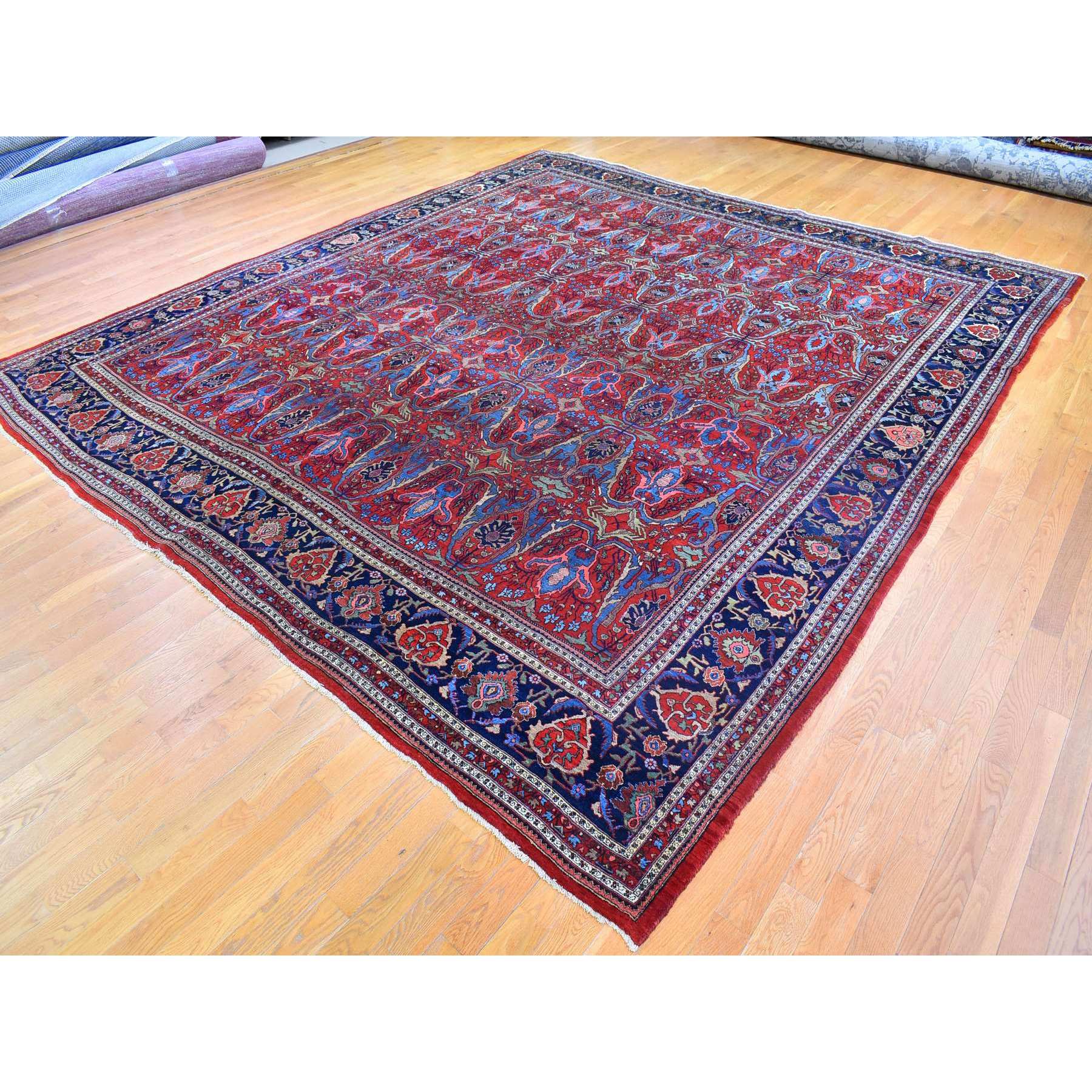 12'5"x13'9" Tomato Red Antique Persian Bijar XL Squarish Size All Over Garus Design Full Pile Clean and Soft Pure Wool Hand Knotted Oriental Rug Sh66865
