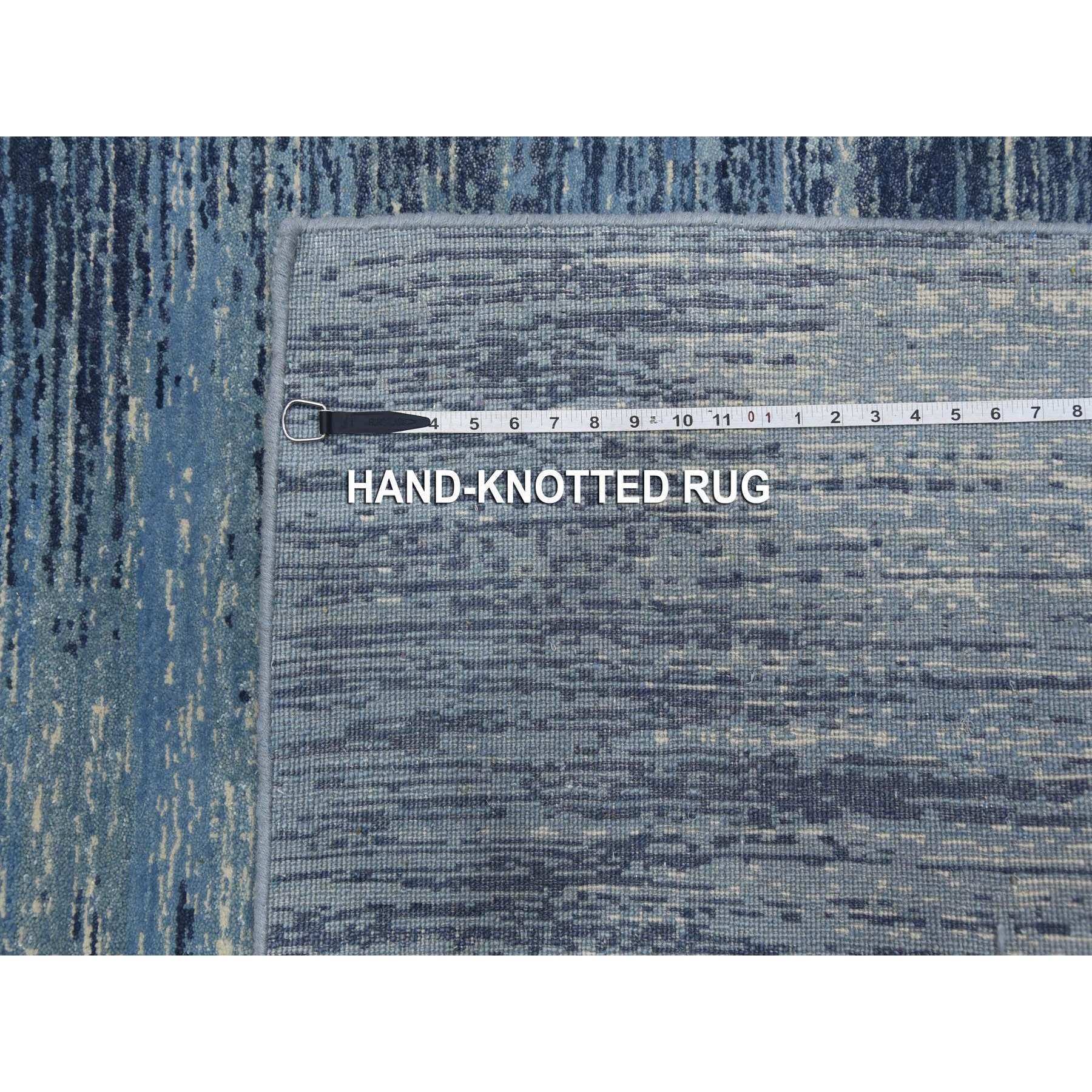 2'7"x10'2" Hand Knotted Pure Wool Only Horizontal Ombre Design Blue with Touches of Ivory Oriental Runner Rug Sh66880