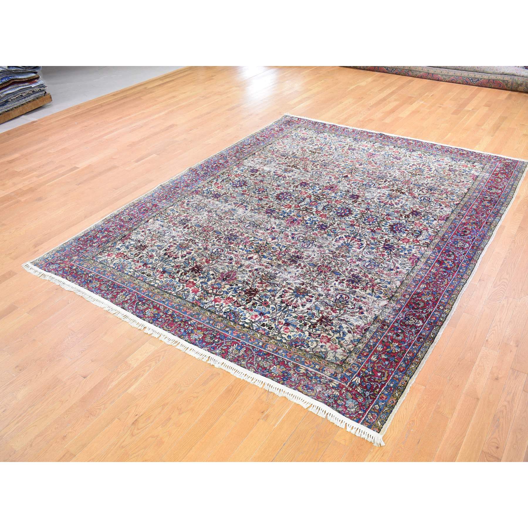 8'9"x11'3" Beige Antique Persian Kerman with Areas of Wear, Distressed, Clean, Sides and Edges Secured Hand Knotted Pure Wool Oriental Rug Sh66949