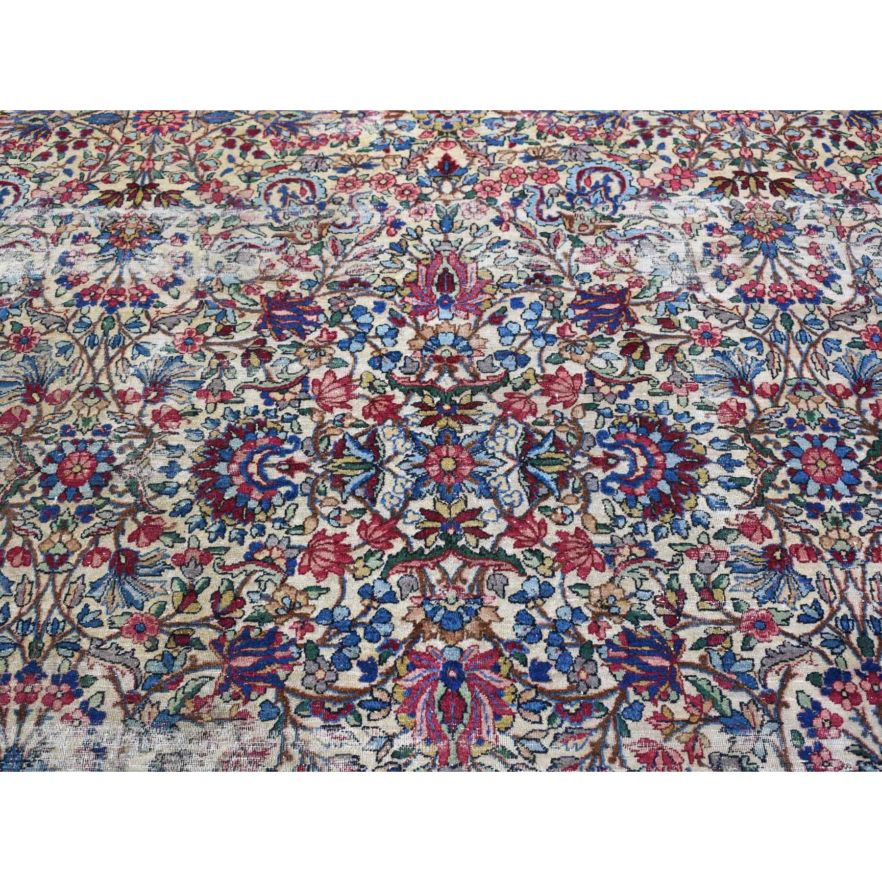 8'9"x11'3" Beige Antique Persian Kerman with Areas of Wear, Distressed, Clean, Sides and Edges Secured Hand Knotted Pure Wool Oriental Rug Sh66949