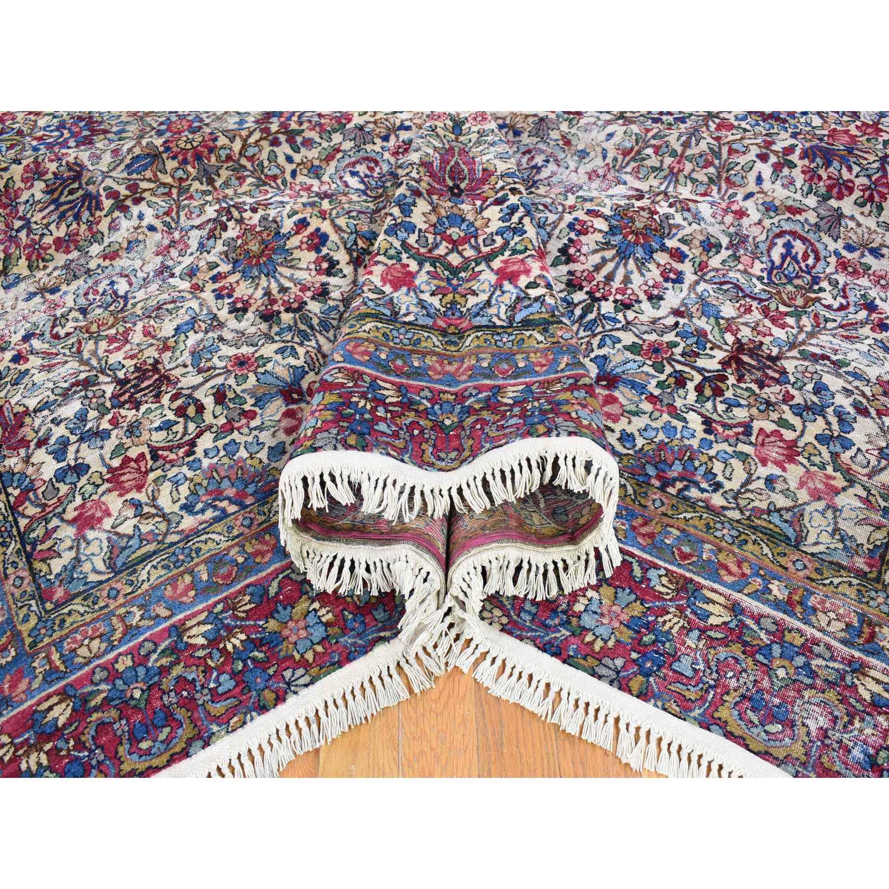 8'9"x11'3" Beige Antique Persian Kerman with Areas of Wear, Distressed, Clean, Sides and Edges Secured Hand Knotted Pure Wool Oriental Rug Sh66949