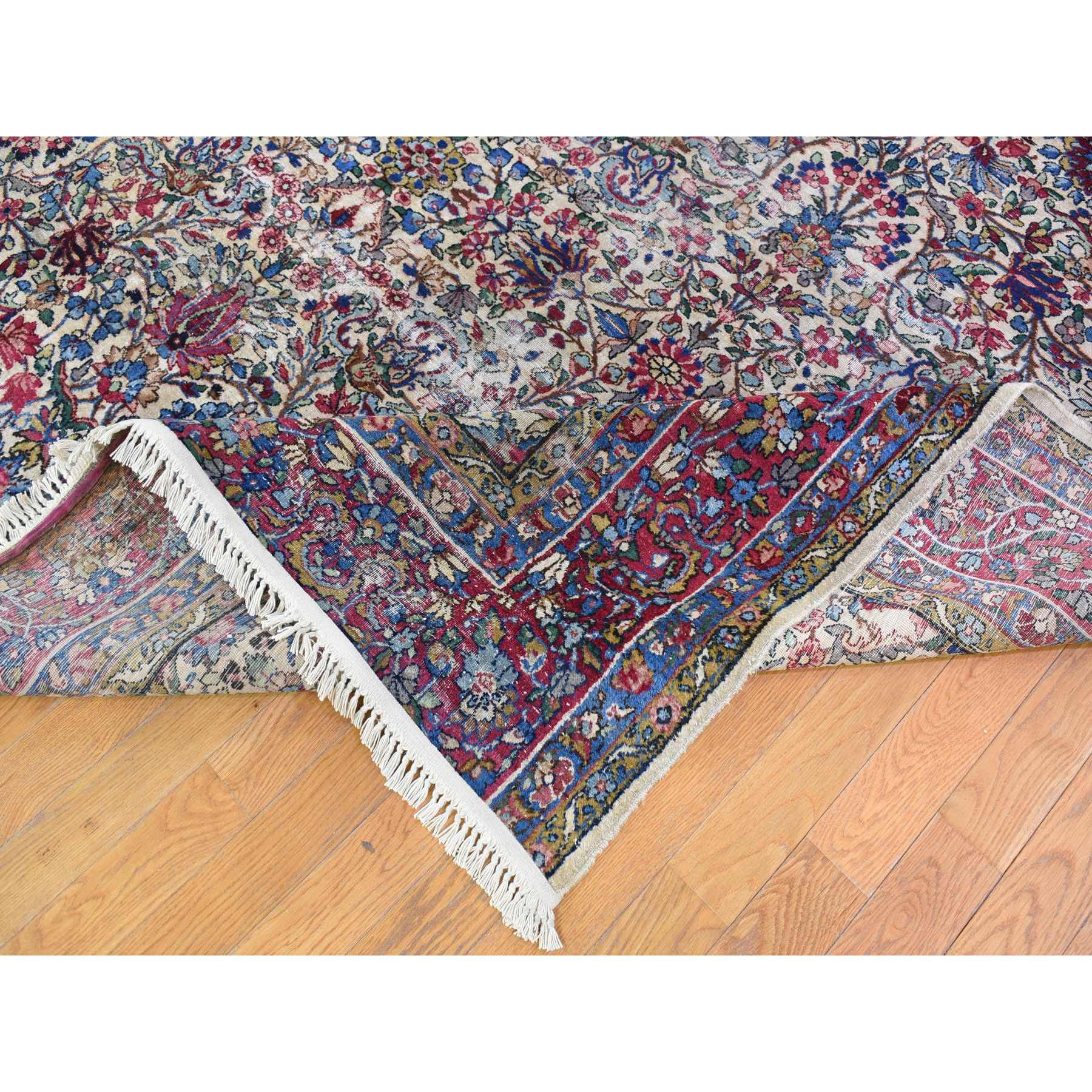 8'9"x11'3" Beige Antique Persian Kerman with Areas of Wear, Distressed, Clean, Sides and Edges Secured Hand Knotted Pure Wool Oriental Rug Sh66949
