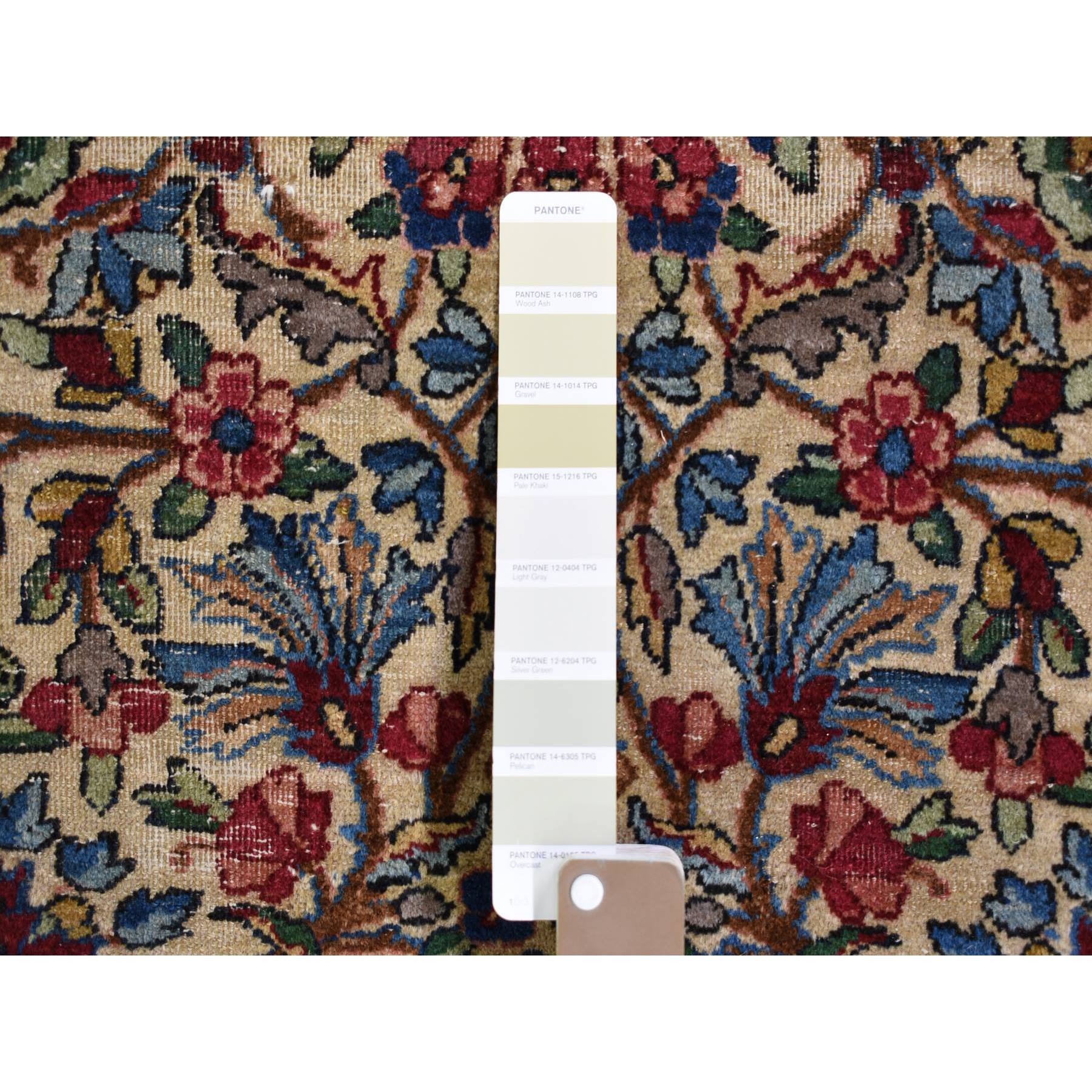 8'9"x11'3" Beige Antique Persian Kerman with Areas of Wear, Distressed, Clean, Sides and Edges Secured Hand Knotted Pure Wool Oriental Rug Sh66949