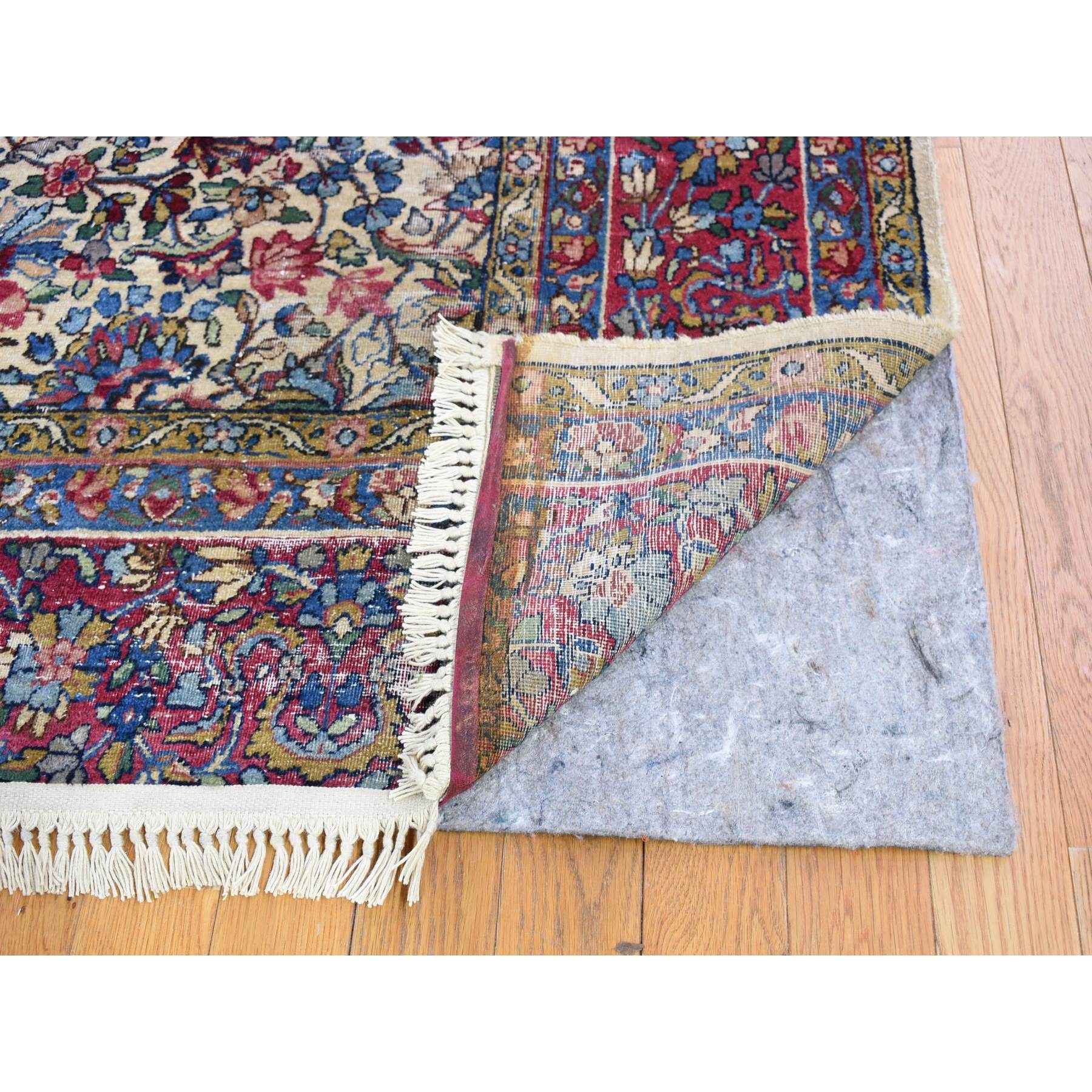 8'9"x11'3" Beige Antique Persian Kerman with Areas of Wear, Distressed, Clean, Sides and Edges Secured Hand Knotted Pure Wool Oriental Rug Sh66949