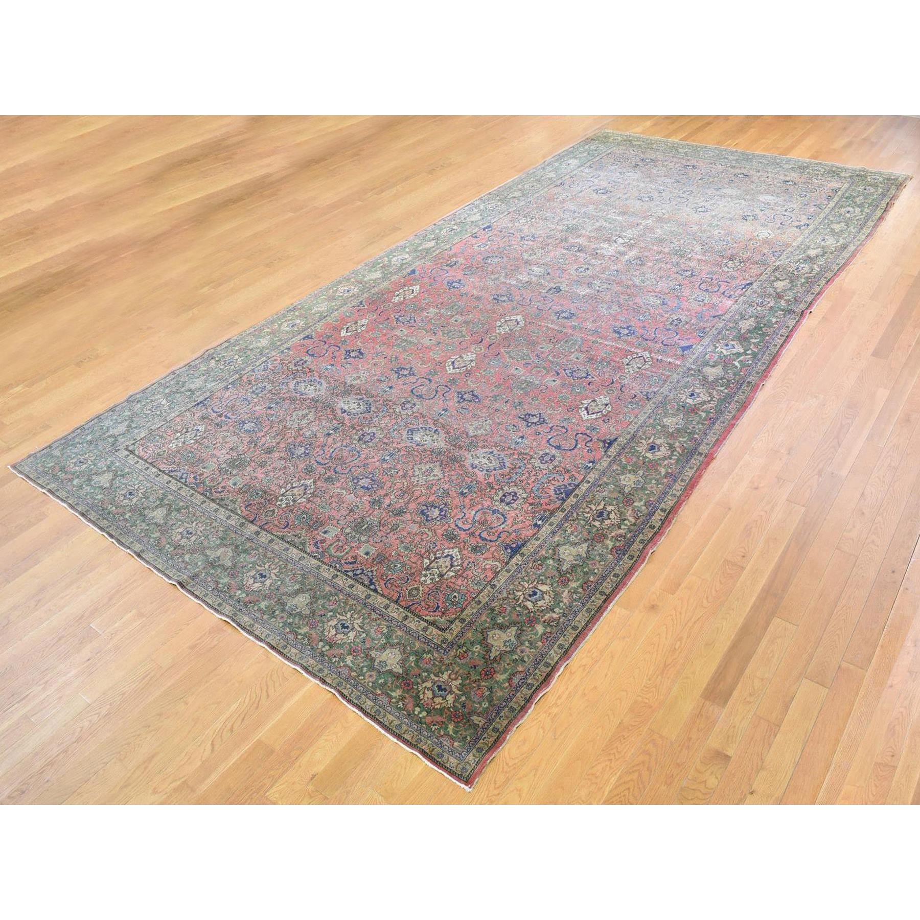 9'2"x19'2" Pink Hand Knotted Antique Turkish Sivas Worn and Distressed, Clean Pure Wool Long and Narrow Gallery Size Oriental Rug Sh66995