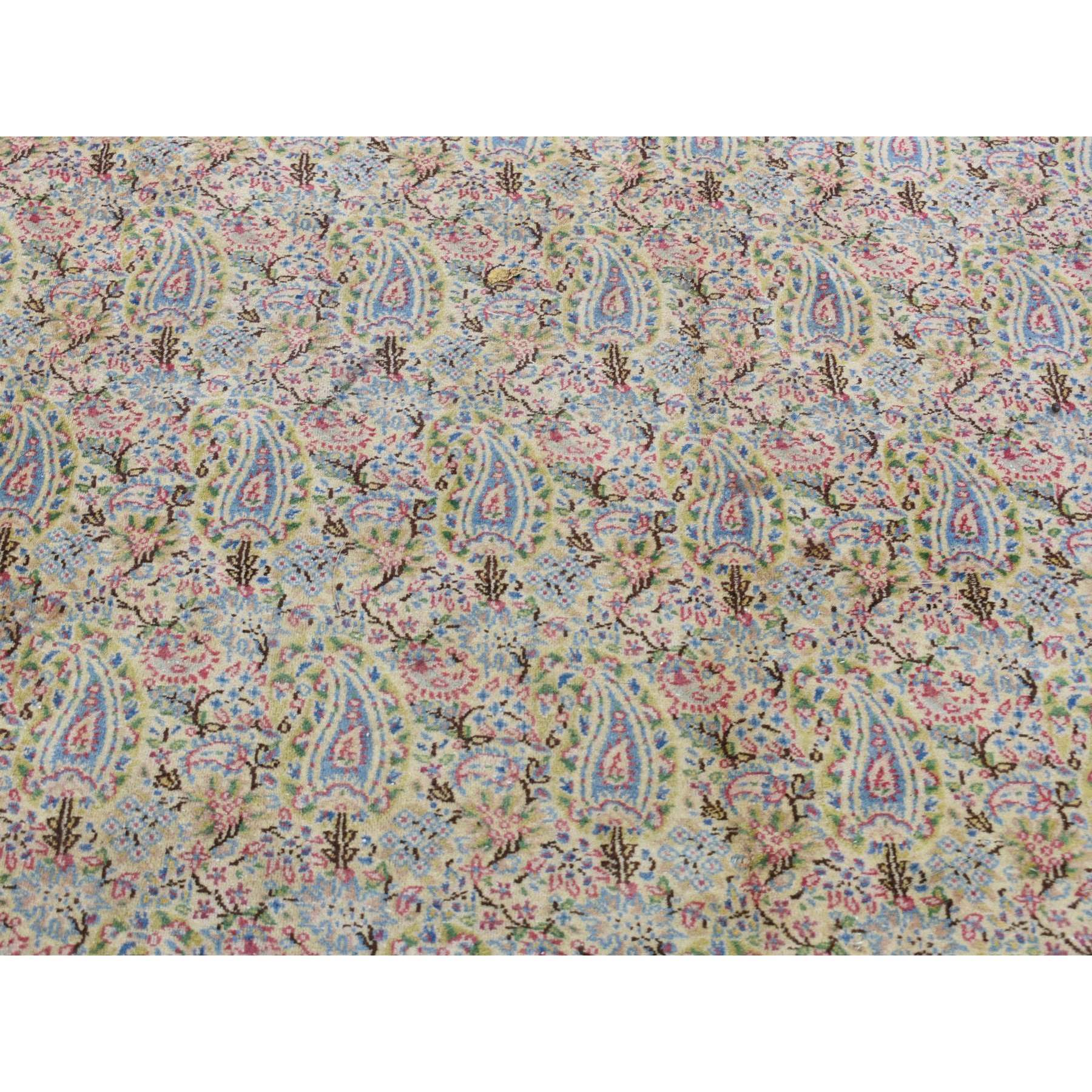 10'x13' Ivory Antique Persian Kerman, Full Pile Excellent Condition and Soft Paisley Design Hand Knotted Pure Wool Oriental Rug Sh66998