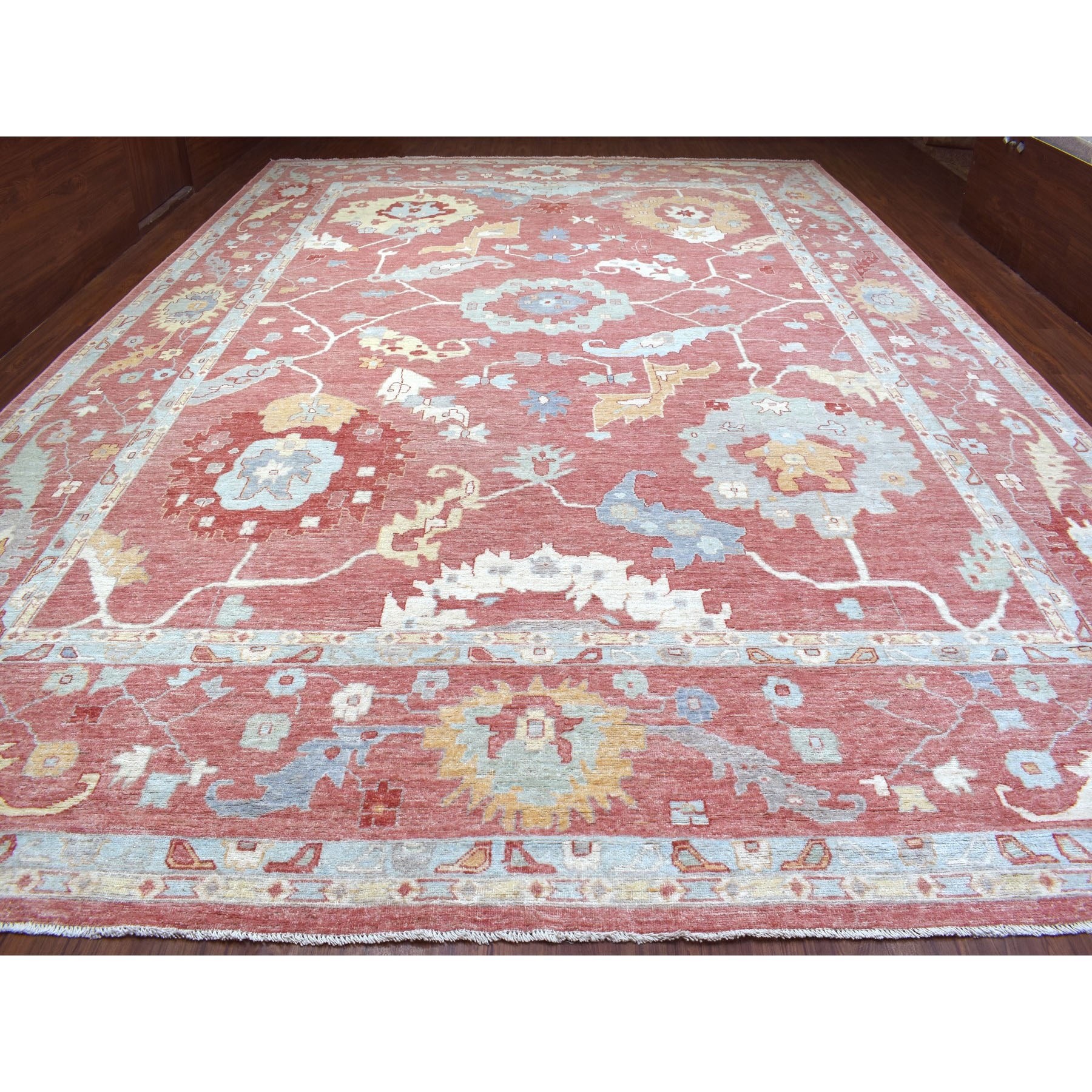 13'9"x19' Angora Oushak with Colorful Motifs Soft Afghan Wool Chestnut Pink Hand Knotted Oriental Oversized Rug Sh68347