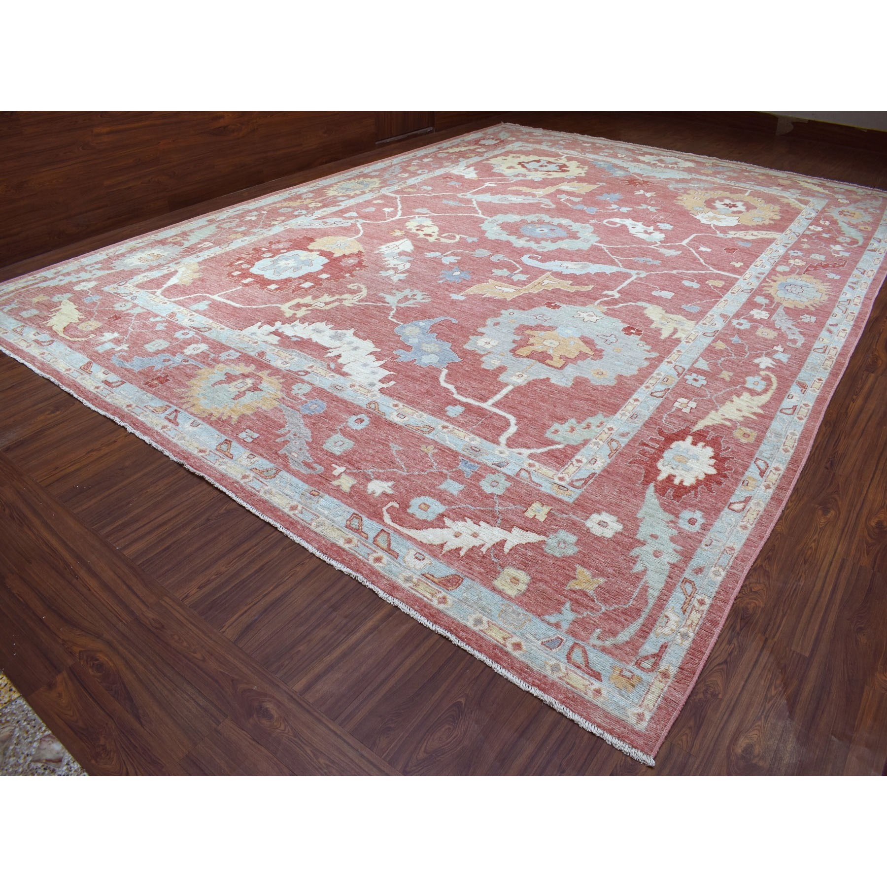 13'9"x19' Angora Oushak with Colorful Motifs Soft Afghan Wool Chestnut Pink Hand Knotted Oriental Oversized Rug Sh68347