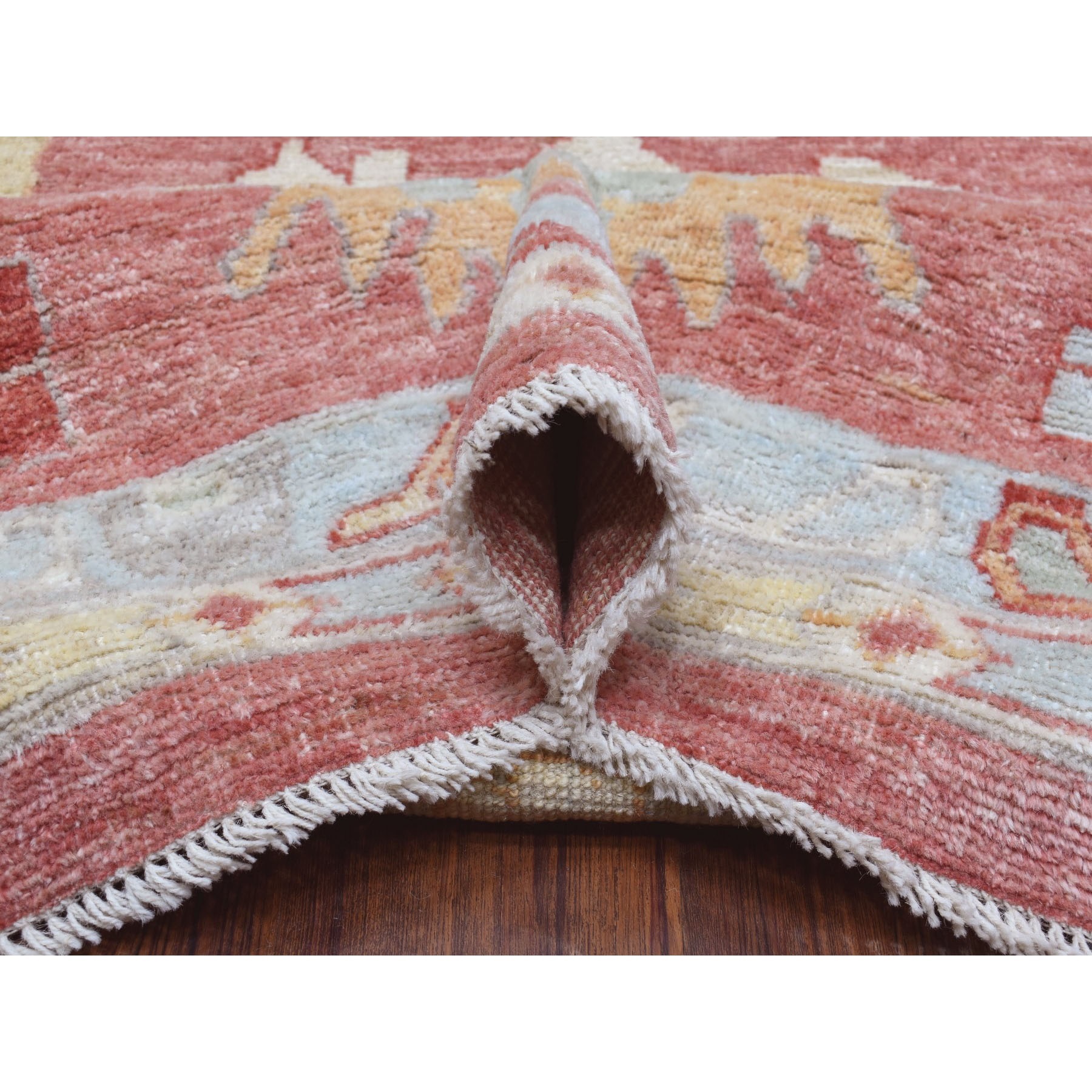 13'9"x19' Angora Oushak with Colorful Motifs Soft Afghan Wool Chestnut Pink Hand Knotted Oriental Oversized Rug Sh68347