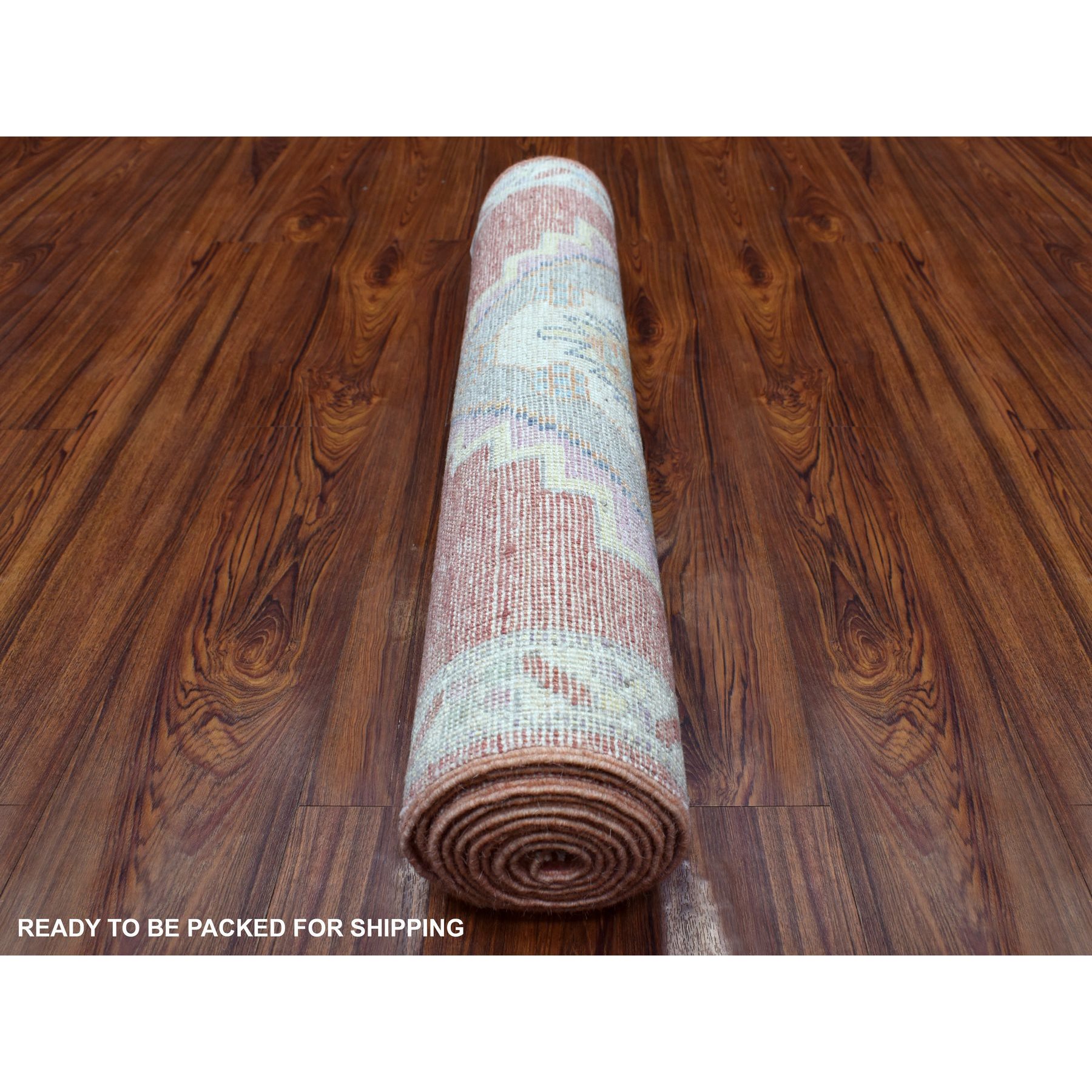 2'10"x9'6" Coral Red Afghan Angora Oushak with Geometric Medallions Design Soft Wool Hand Knotted Oriental Runner Rug Sh68985