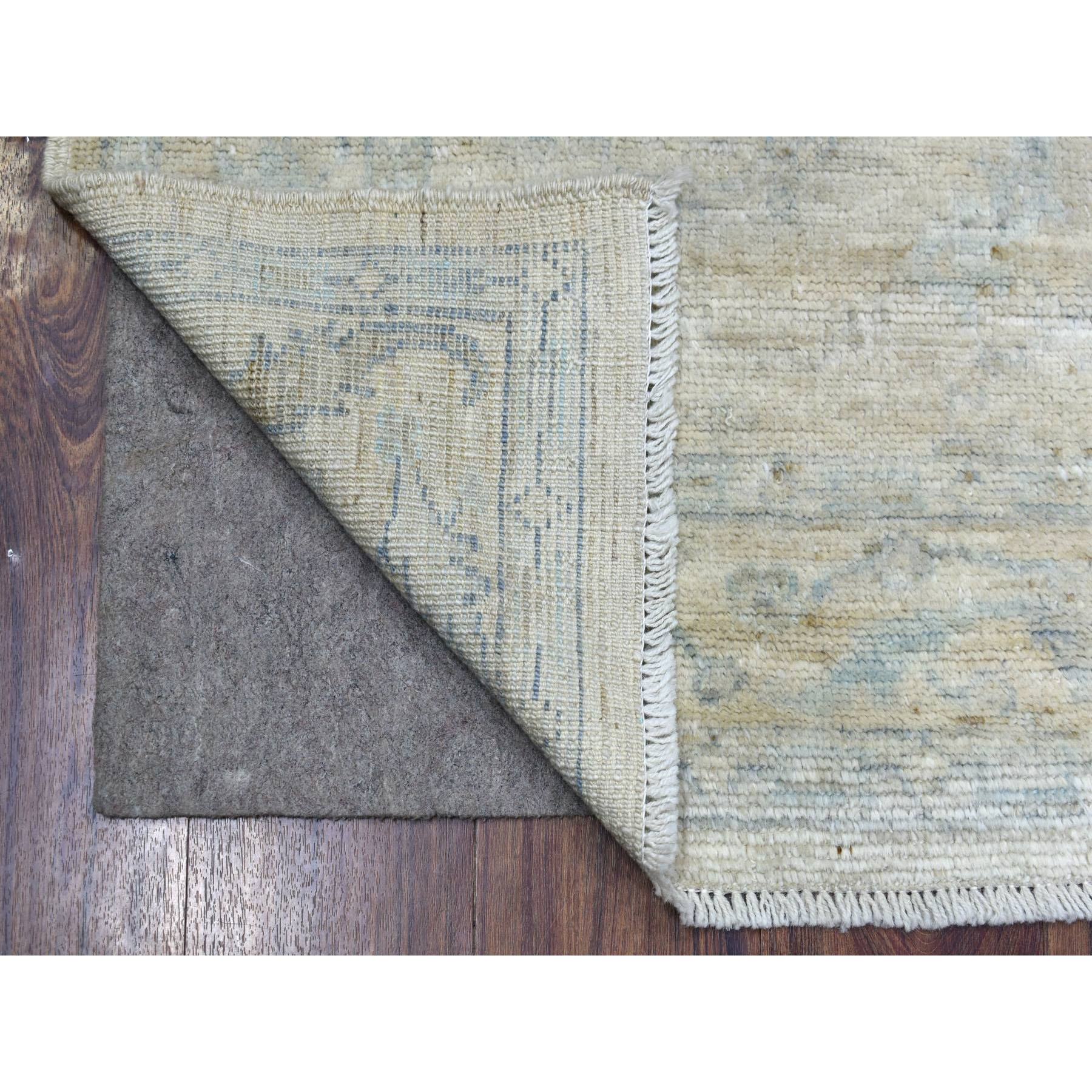 4'x5'10" Silver Gray Hand Knotted Afghan Angora Oushak with Touches of Blue Soft Wool Oriental Rug Sh70141