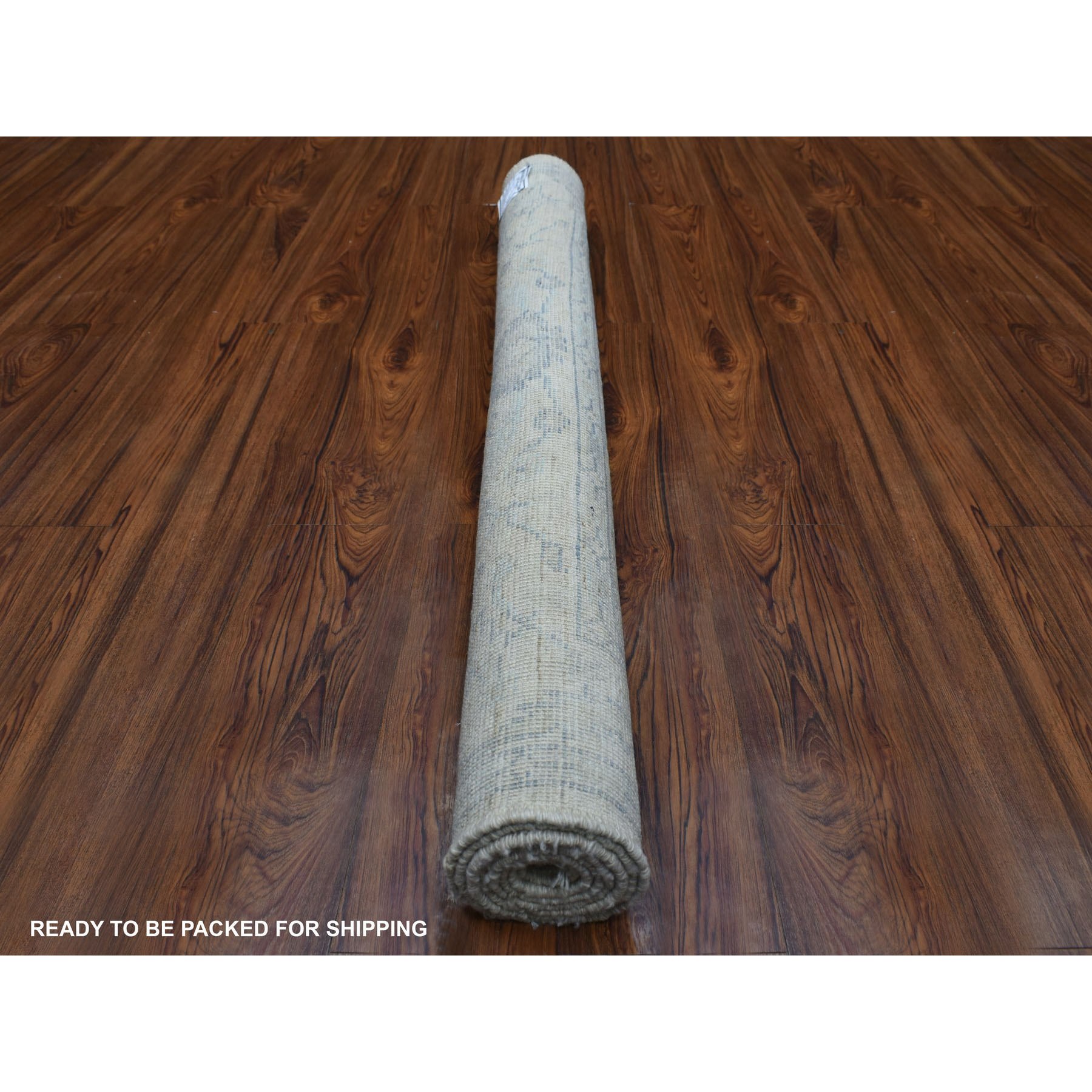 4'x5'10" Silver Gray Hand Knotted Afghan Angora Oushak with Touches of Blue Soft Wool Oriental Rug Sh70141