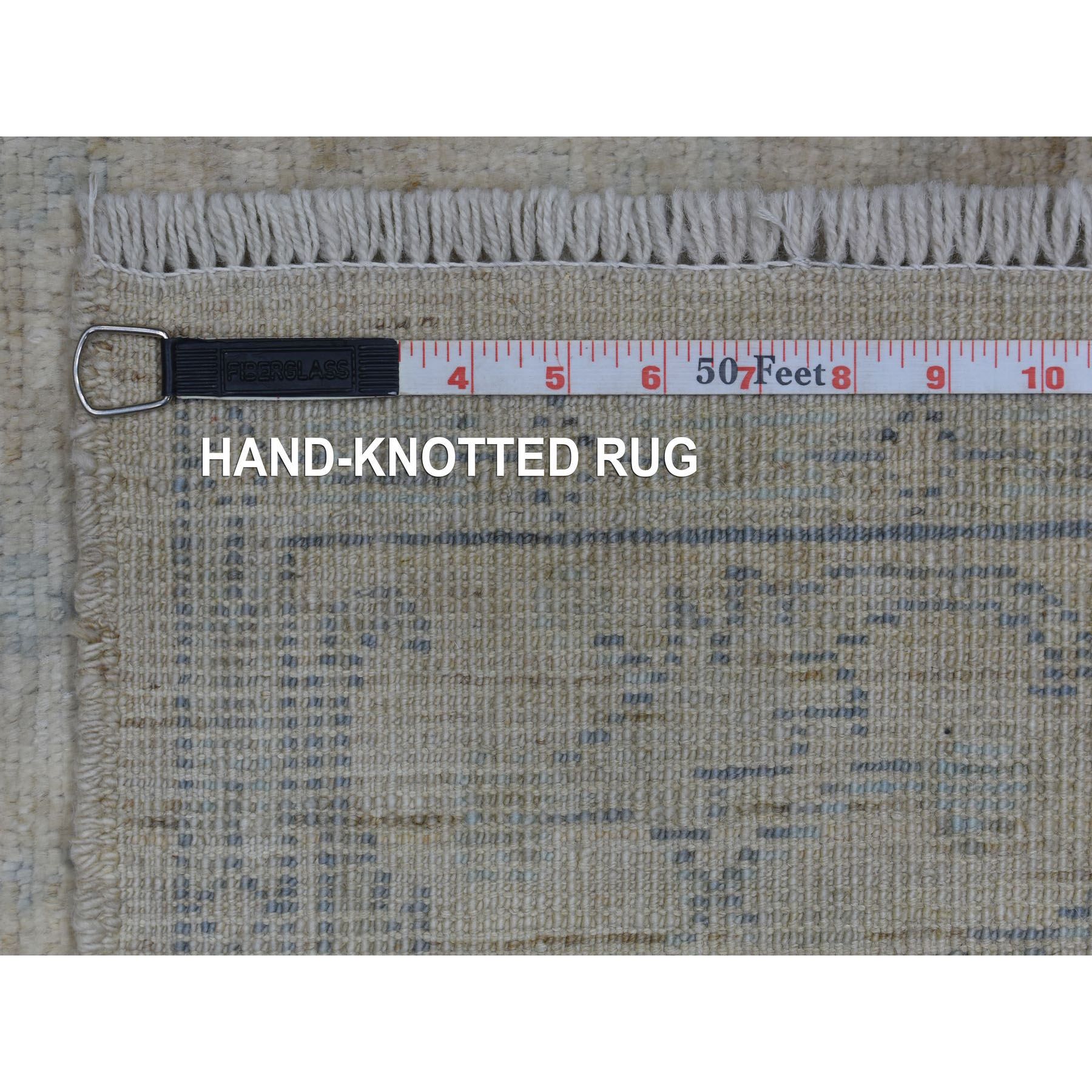 4'x5'10" Silver Gray Hand Knotted Afghan Angora Oushak with Touches of Blue Soft Wool Oriental Rug Sh70141