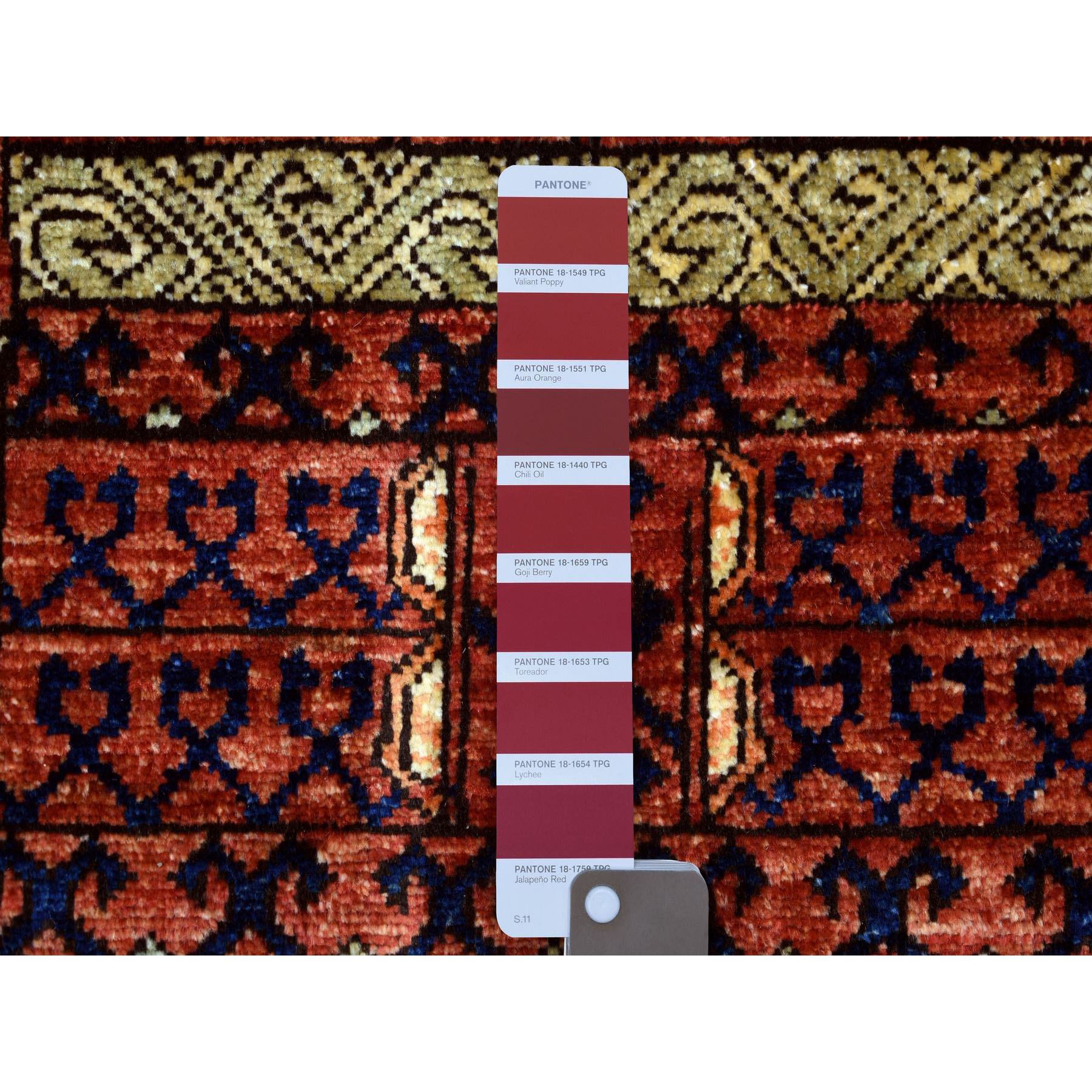3'1"x5'1" Coral Red, Natural Dyes Hand Knotted Afghan Ersari with Ancient Animal Figurines Densely Woven, Soft and Shiny Wool Oriental Rug Sh70783